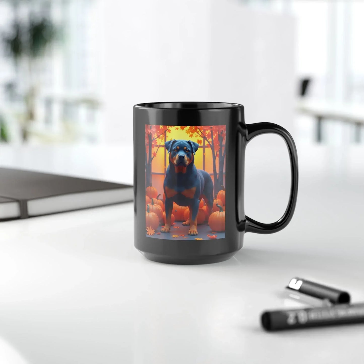 Shop our premium blue rottweiler autumn black mug from MySisterIsASurvivor.