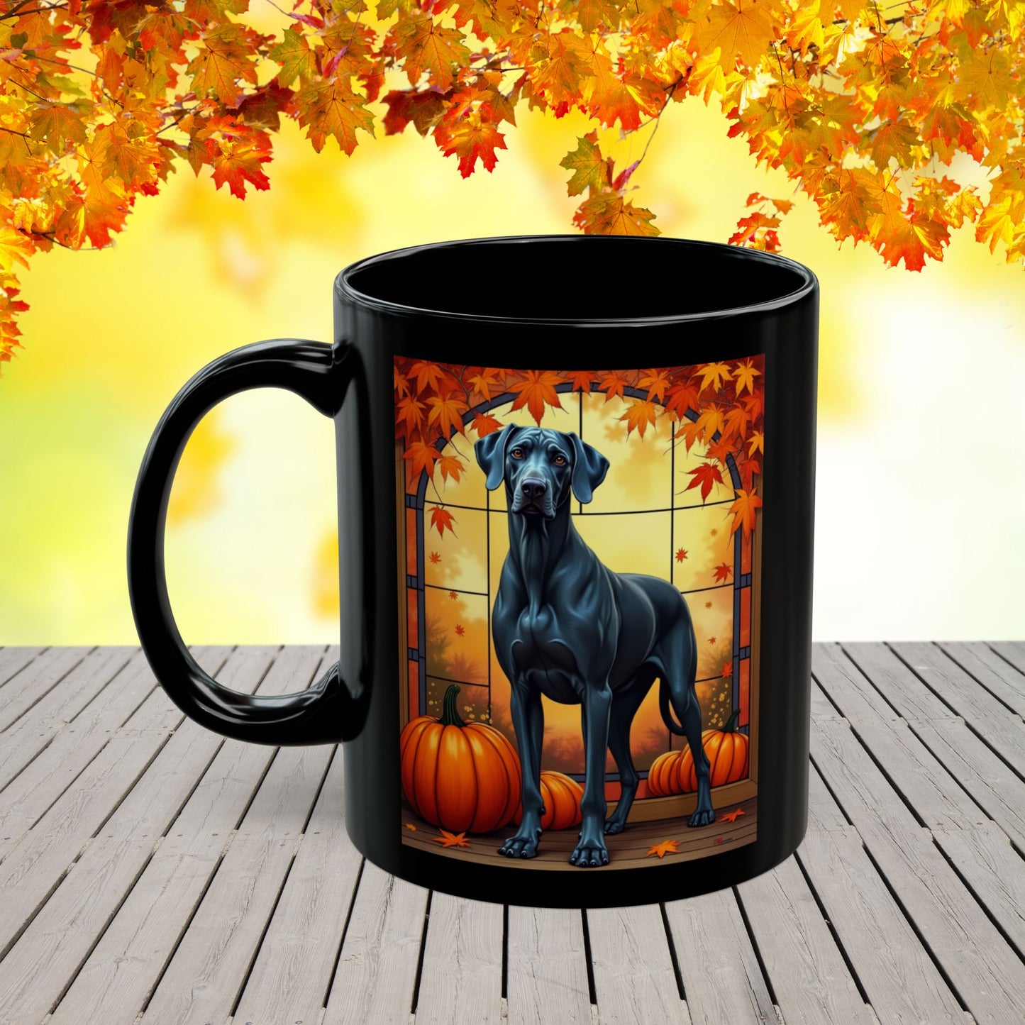 Great Dane Blue - Autumn black mug, seasonal dog mom and dad coffee gift for Great Dane fans