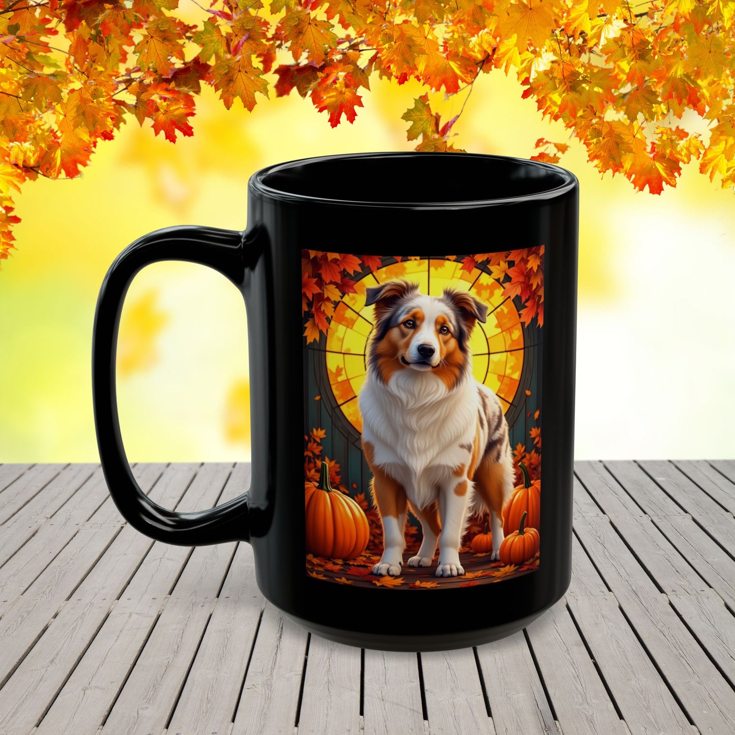 Australian Shepherd Red Merle - Autumn mug, personalized herding dog coffee cup for Aussie enthusiasts