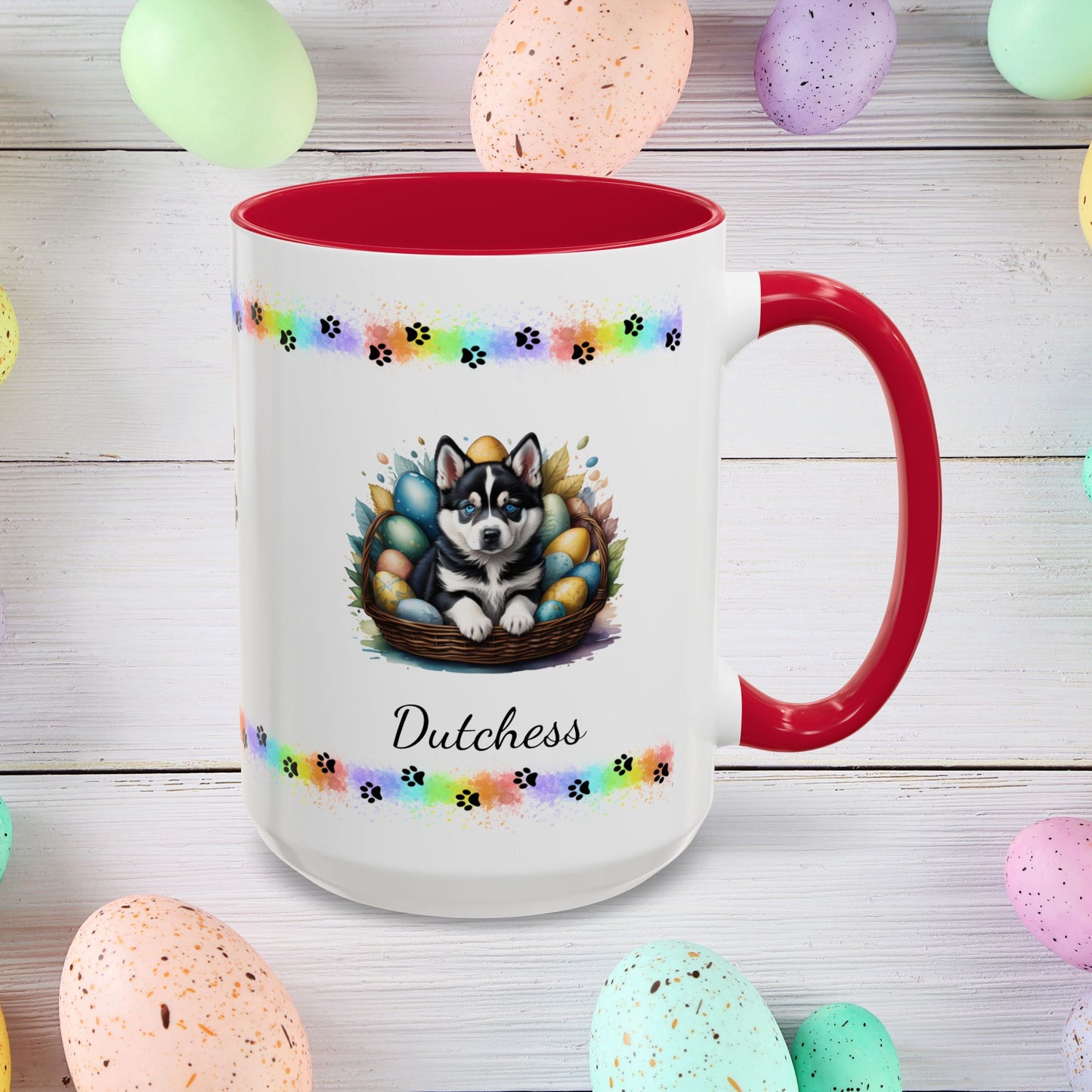 Siberian Husky Easter puppy coffee mug personalized cute dog design, uplifting gift for springtime mental health support.