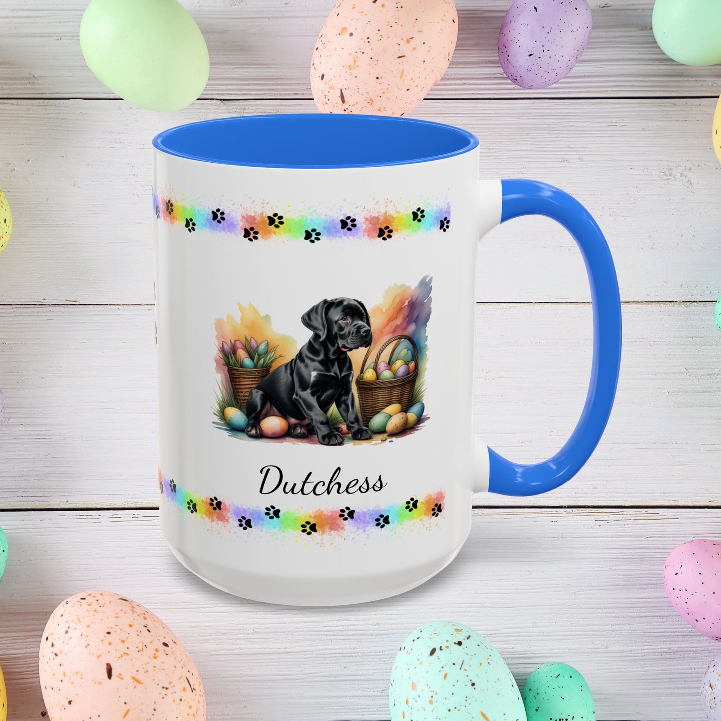 Great Dane Black Easter puppy coffee mug, personalized cute dog gift for mental health support and cozy sipping