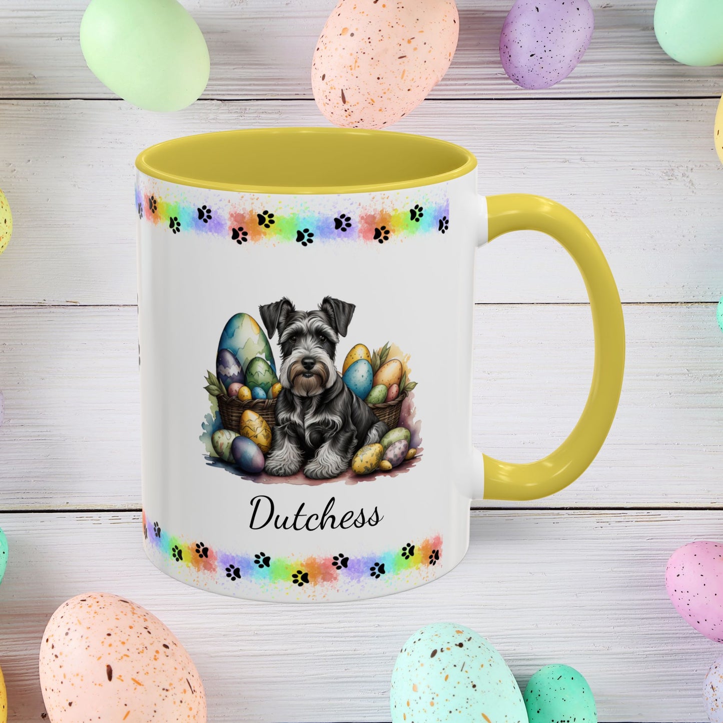Gray Schnauzer Easter puppy coffee mug personalized for dog moms and dads, perfect for mental health awareness gifts.