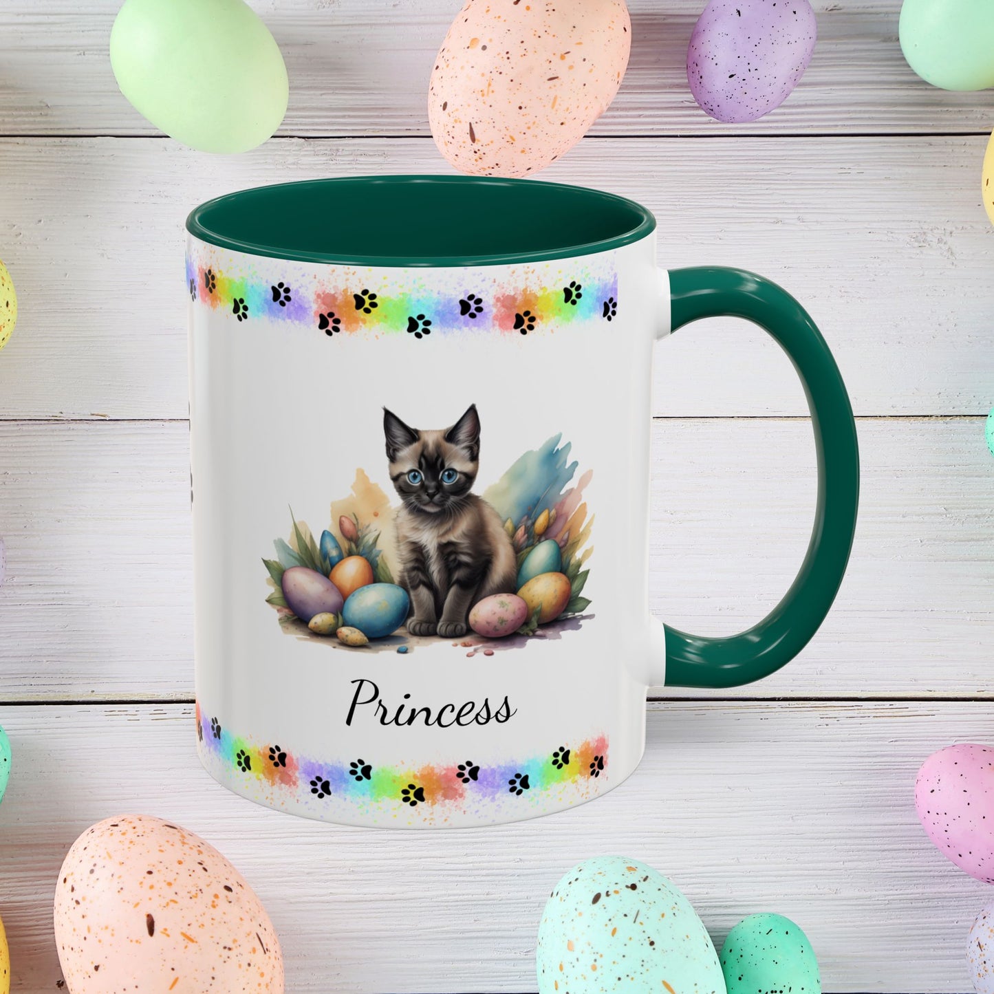 Siamese personalized Easter kitten mug, cute cat coffee cup, gift for mental health support and comfort