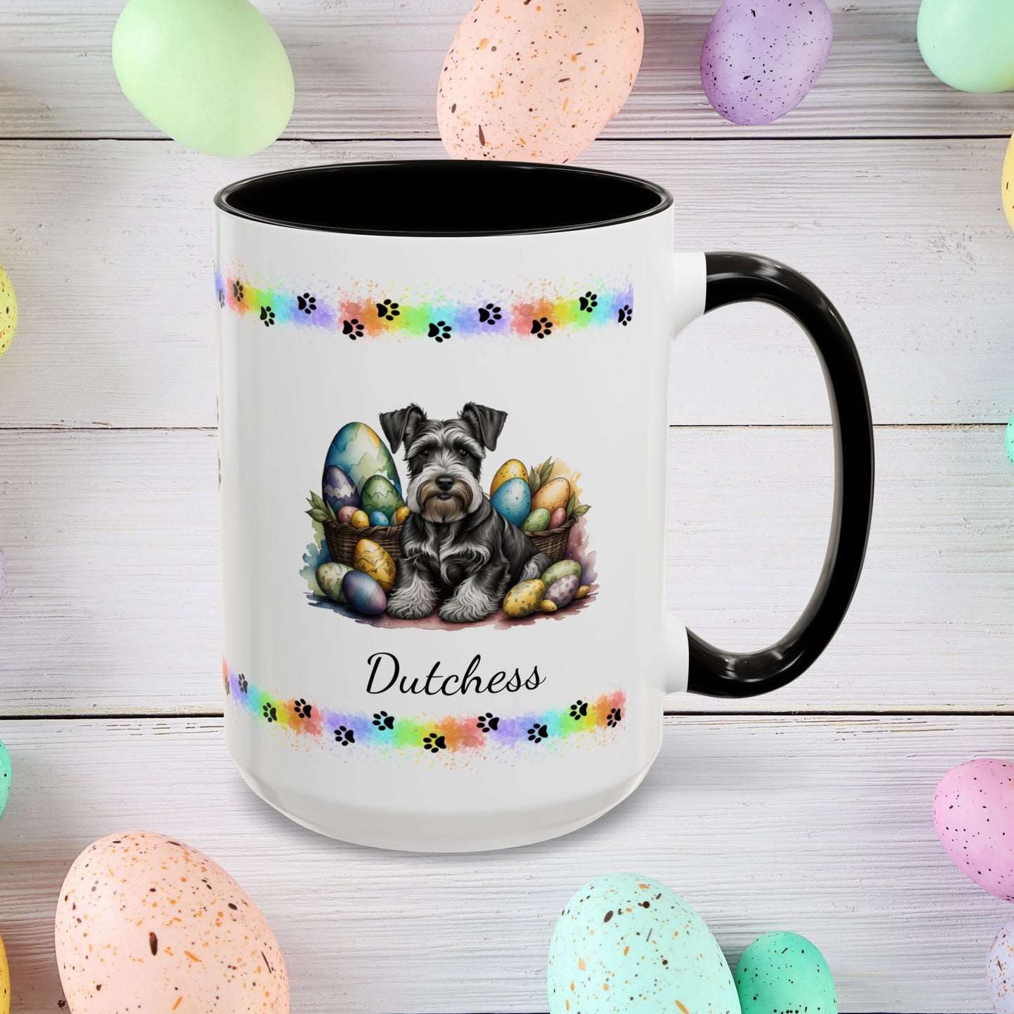 Gray Schnauzer Easter puppy coffee mug personalized for dog moms and dads, perfect for mental health awareness gifts.