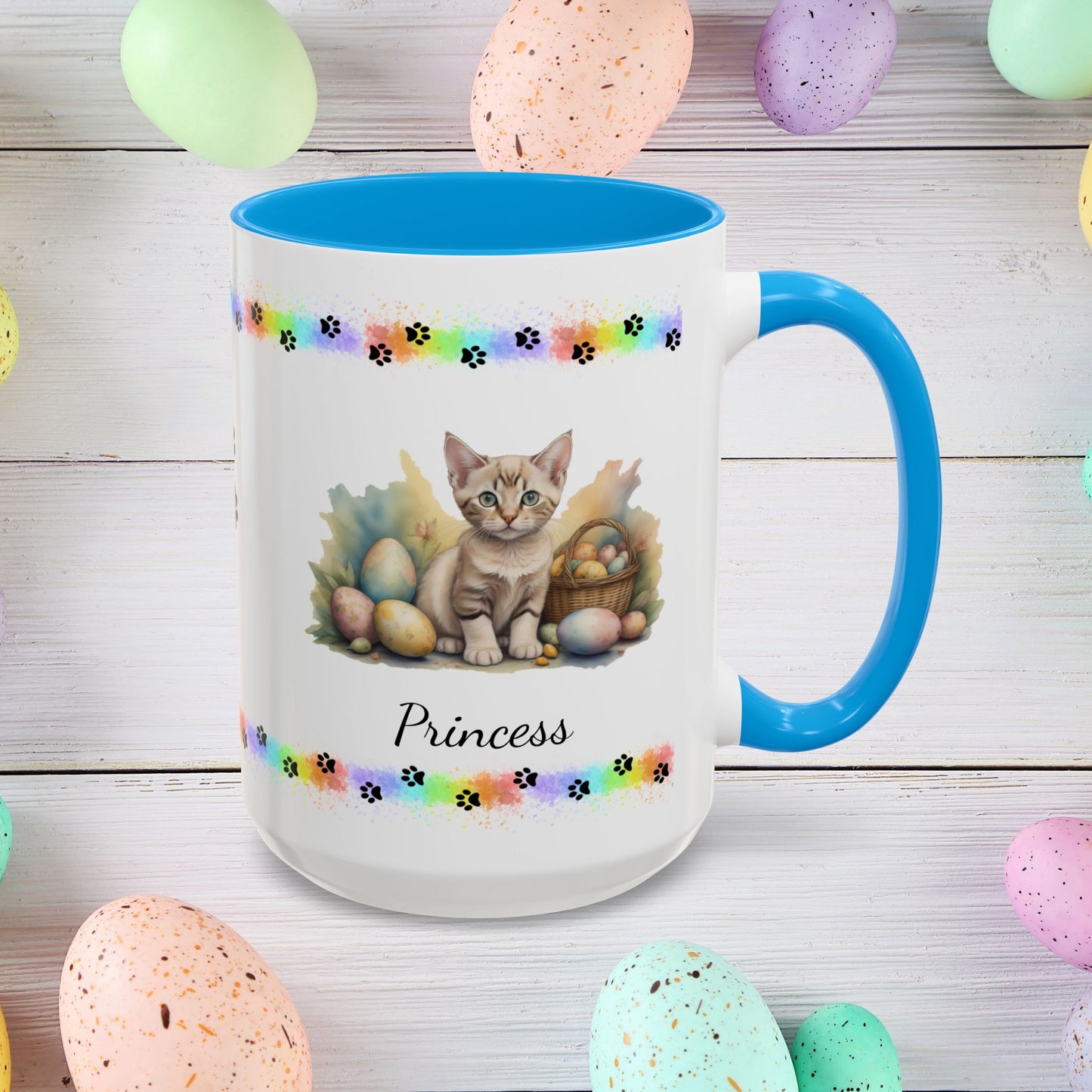 Devon Rex personalized Easter coffee mug, cute kitten design, mental health awareness gift for cat lovers