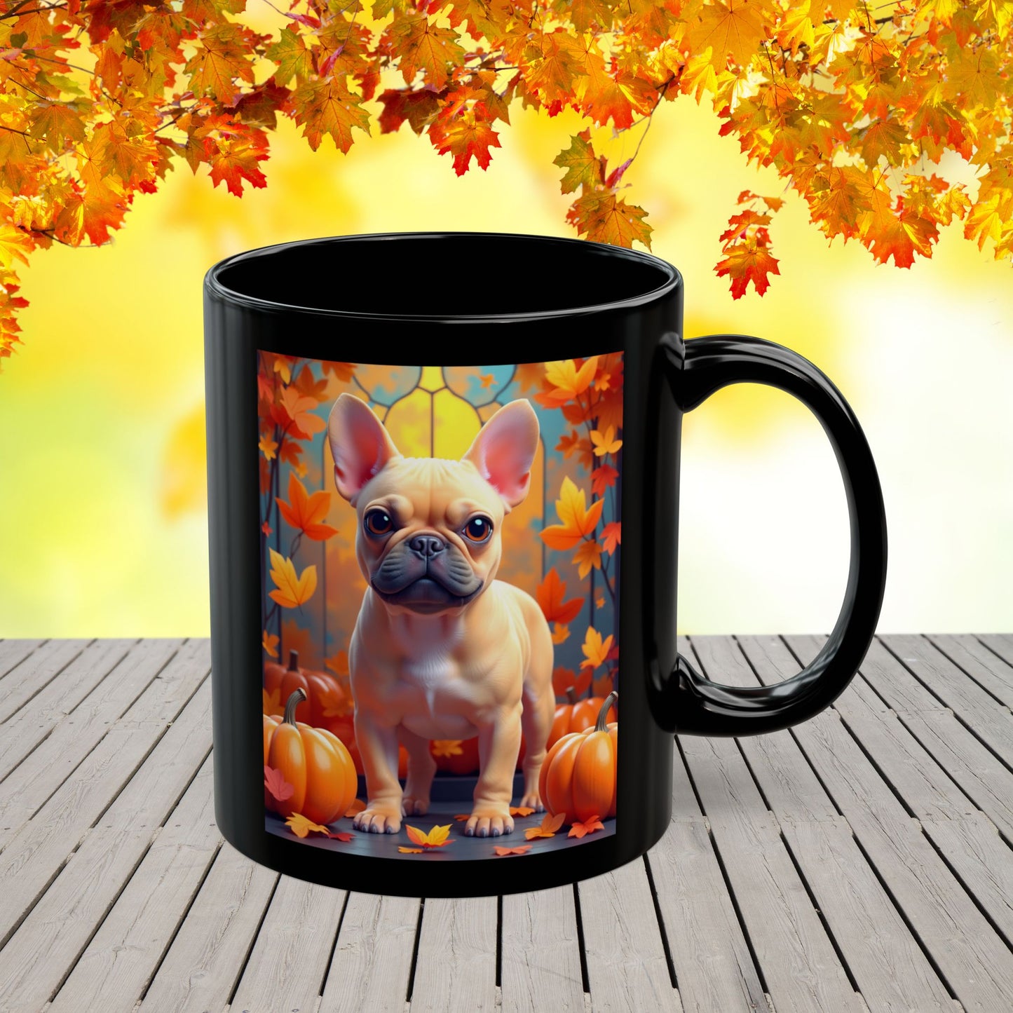 Fawn French Bulldog Autumn Black Mug - Cute autumn dog lover coffee cup gift
