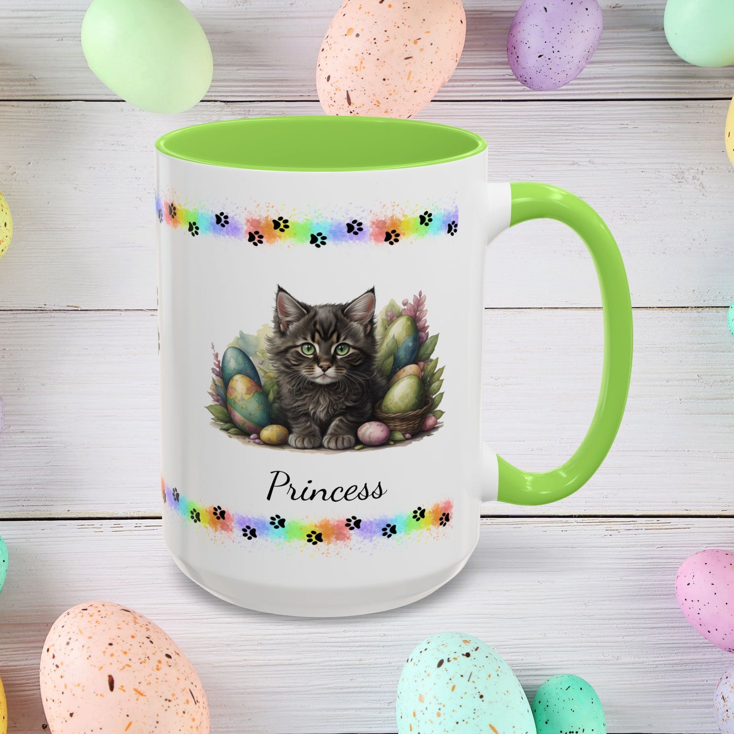 Maine Coon Easter kitten mug, personalized cute cat coffee cup, gift for mental health support and comfort