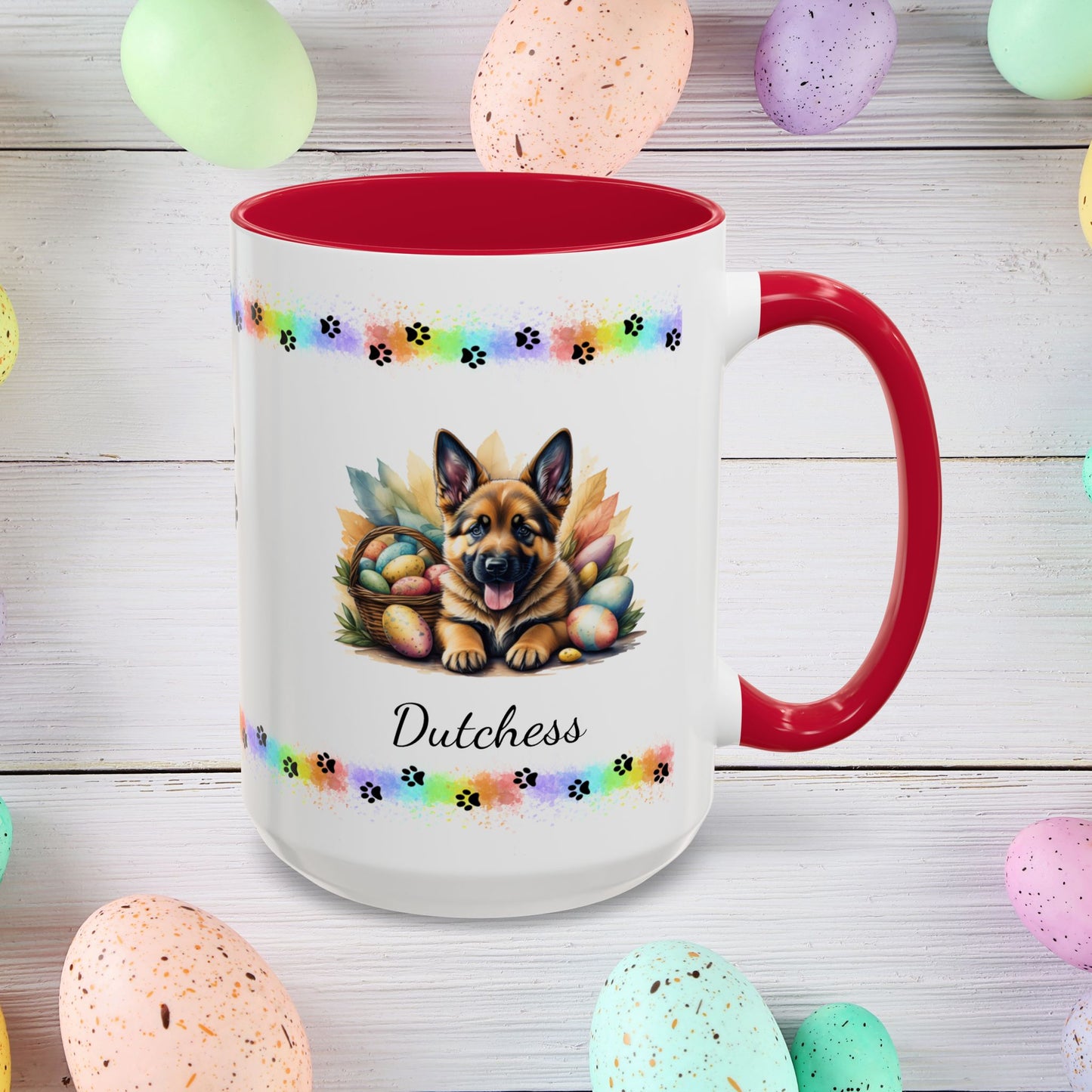 German Shepherd (Saddle): Personalized Easter Puppy Coffee Mug - Adorable Dog Design, Mental Health Gift, 11oz & 15oz, 12 Color Choices, Easter Gifts & Décor
