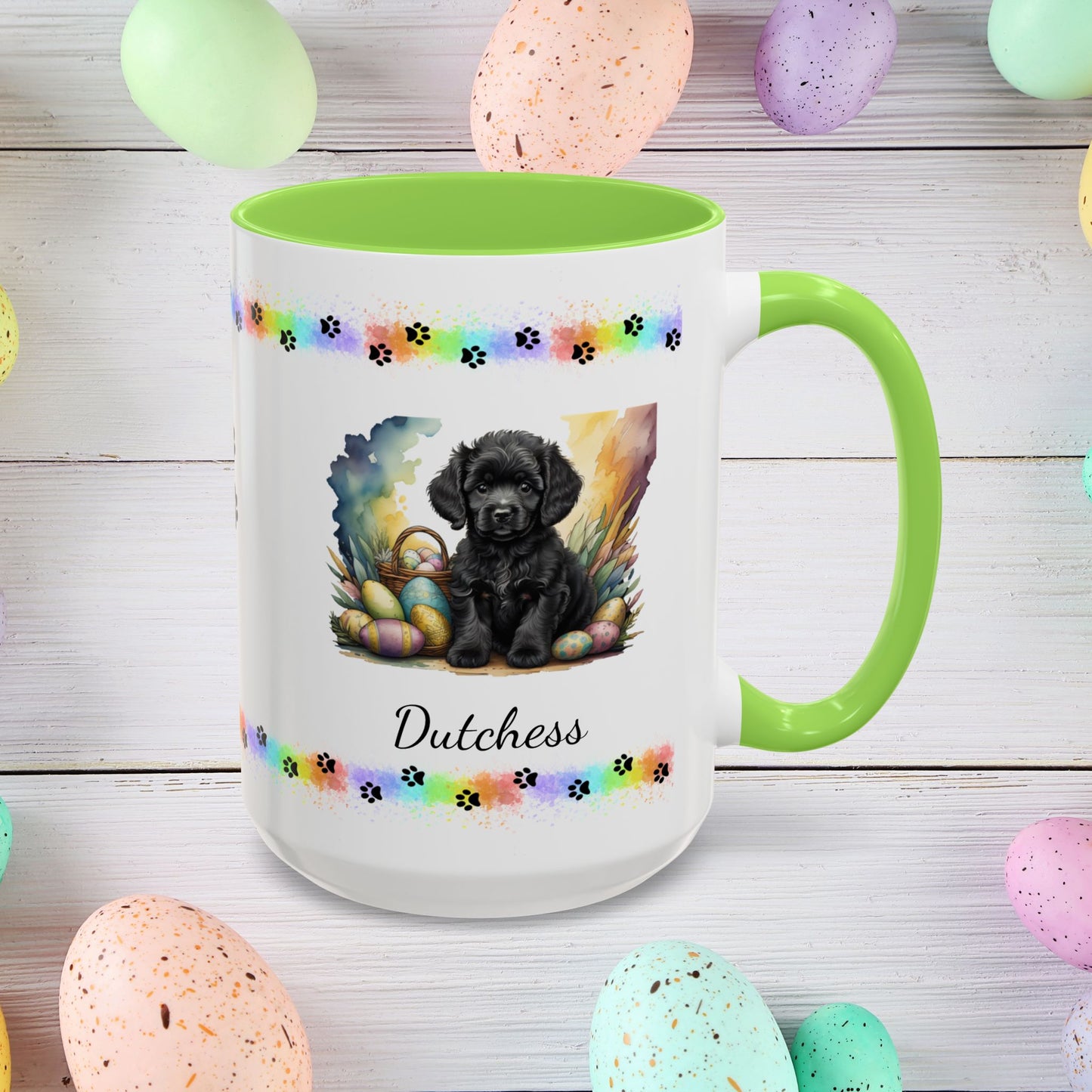 Adorable black Poodle Easter puppy coffee mug personalized dog gift, perfect for mental health awareness and spring joy.