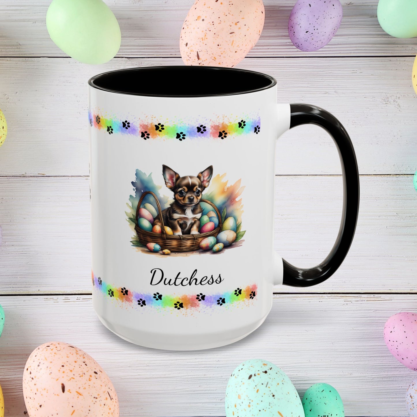 Chihuahua (Black Tri): Personalized Easter Puppy Coffee Mug - Adorable Dog Design, Mental Health Gift, 11oz & 15oz, 12 Color Choices, Easter Gifts & Décor