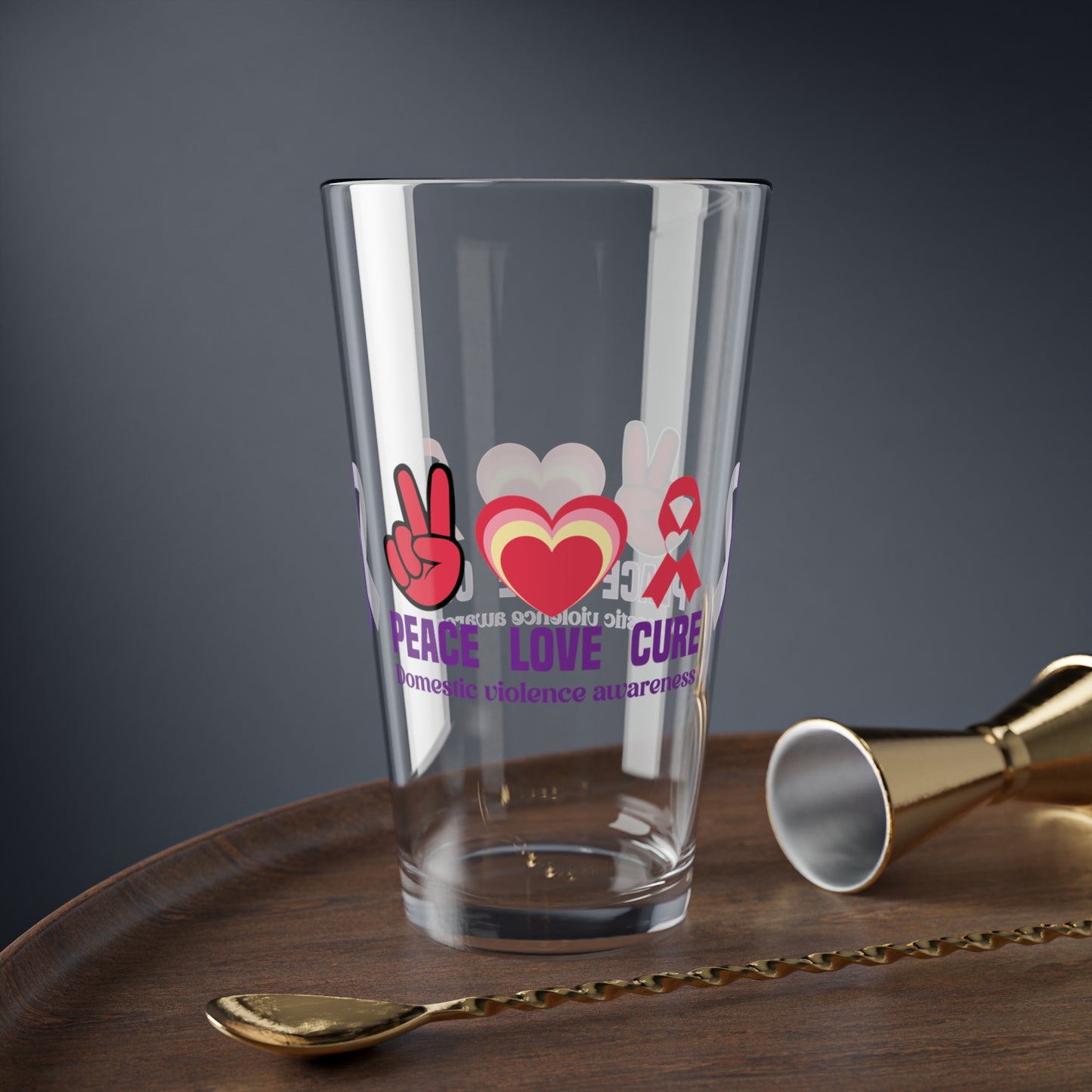 Peace Love Cure Domestic Violence Awareness pint glass with heart and ribbon