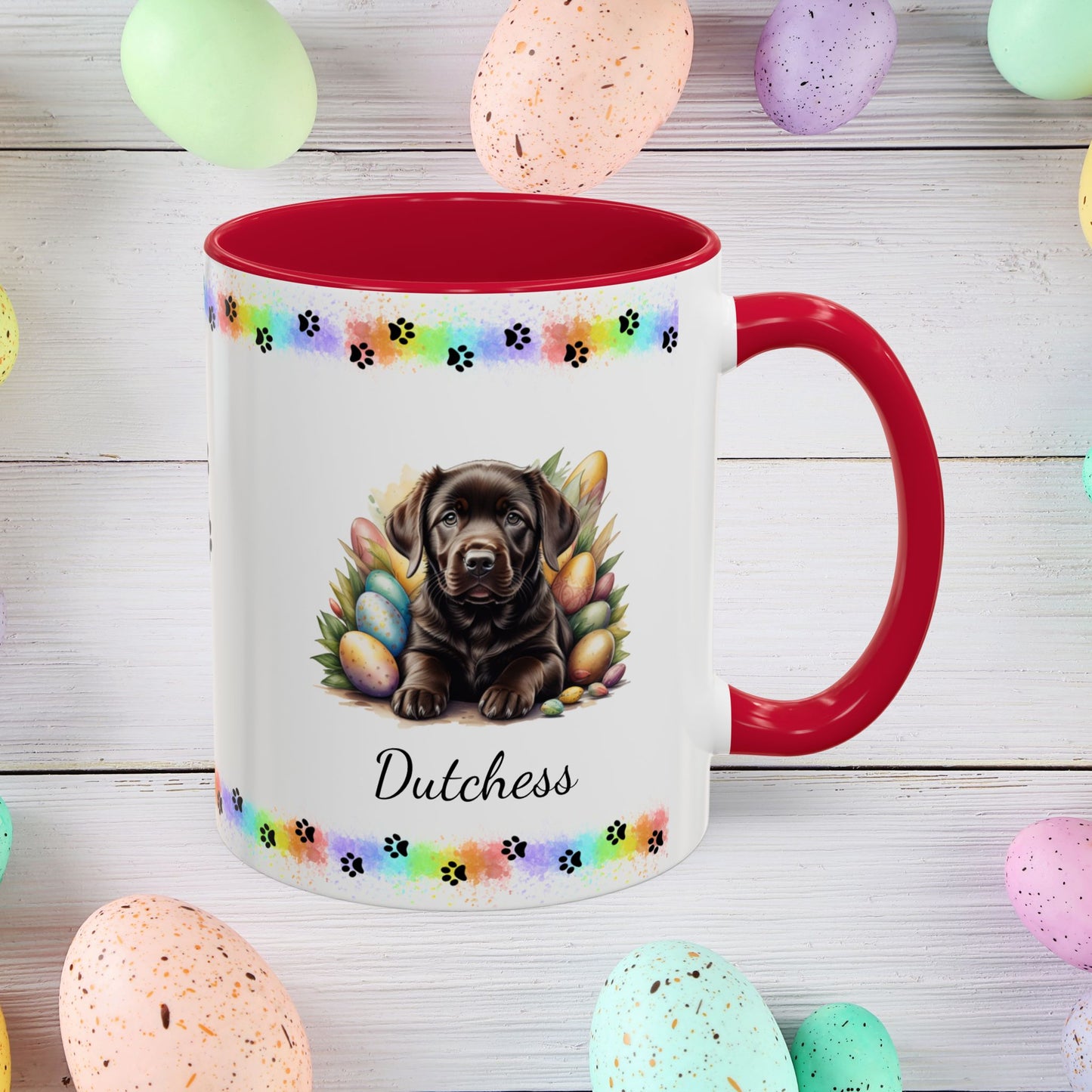 Chocolate Labrador Easter puppy coffee mug, personalized cute dog gift for mental health support and cozy sipping