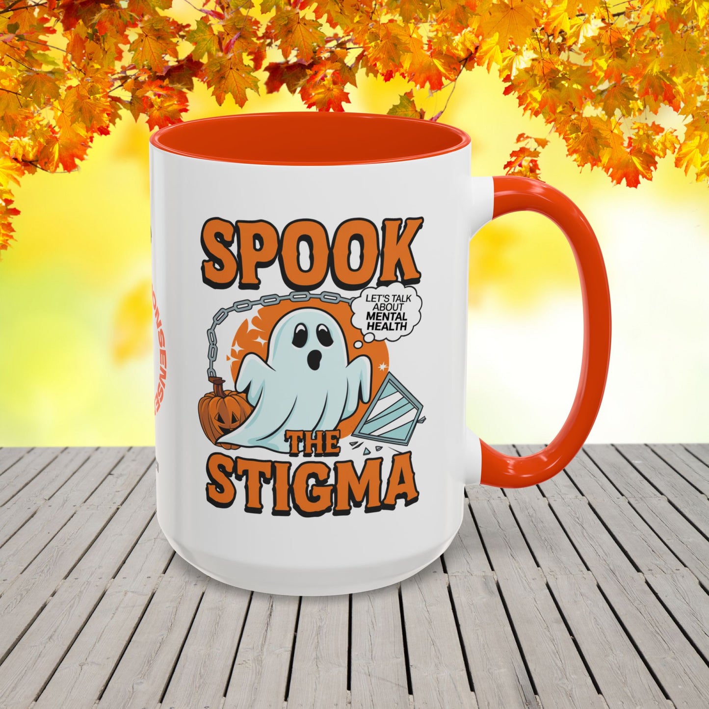 Bold Halloween mug with “Spook the Stigma” message, great for mental health awareness and fighting stigma