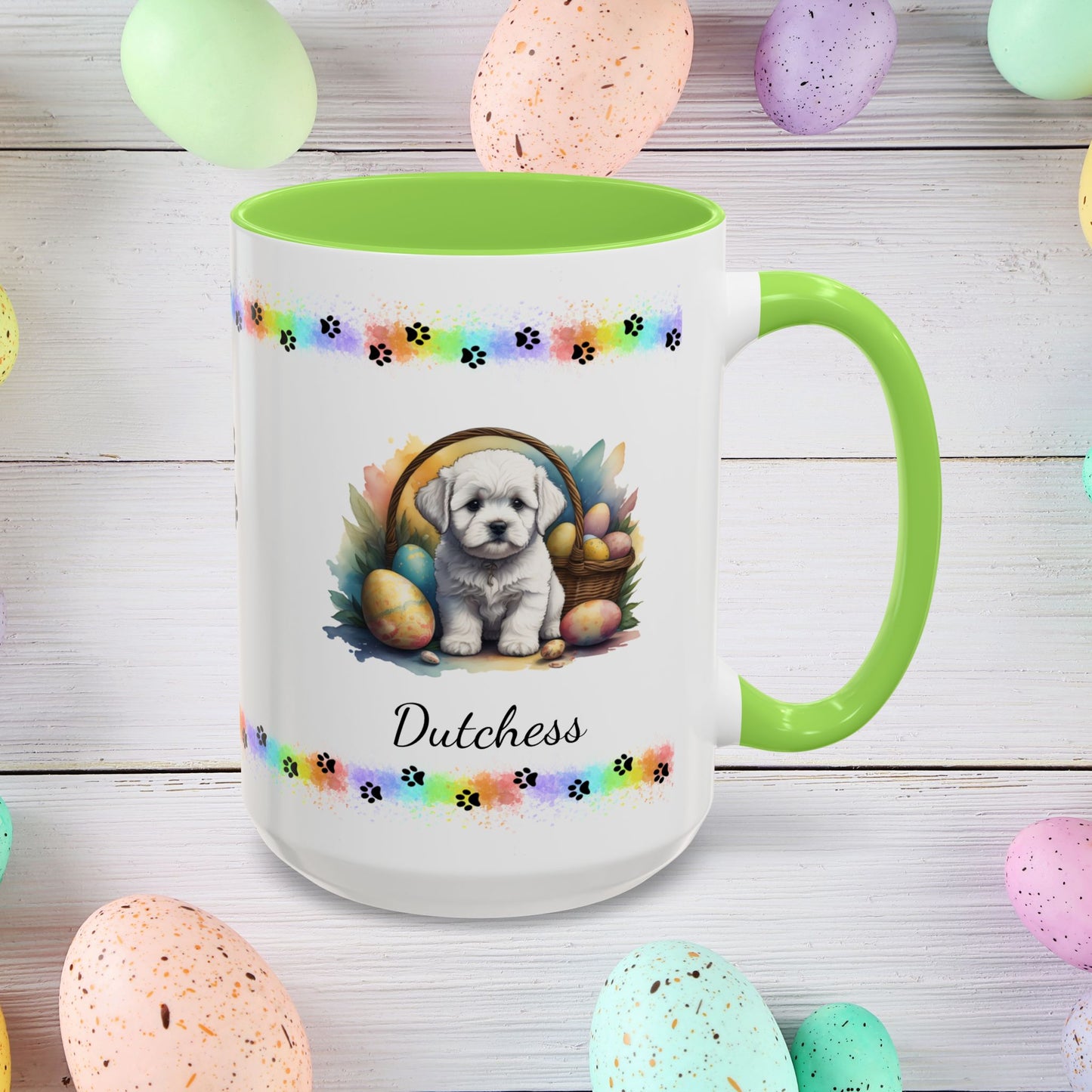Bichon Frise personalized Easter puppy mug, cute dog coffee cup gift for mental health awareness and comfort