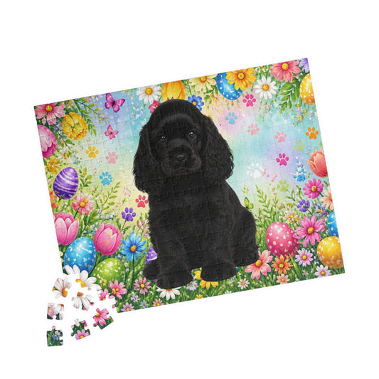 American Cocker Spaniel (Black) Easter Puppy Puzzle - Spring Garden with Eggs, Tulips, and Daisies