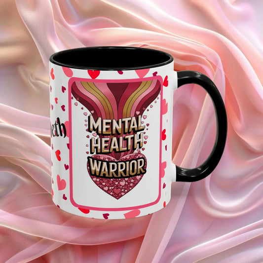 Shop our mental health warrior valentines day mug featuring the 11oz style option from MySisterIsASurvivor.