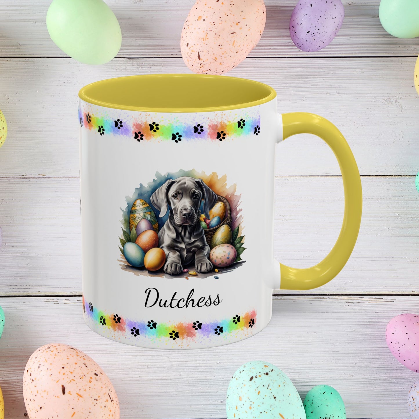 Weimaraner mouse gray Easter puppy coffee mug personalized, charming dog gift for mindfulness and Easter celebration.