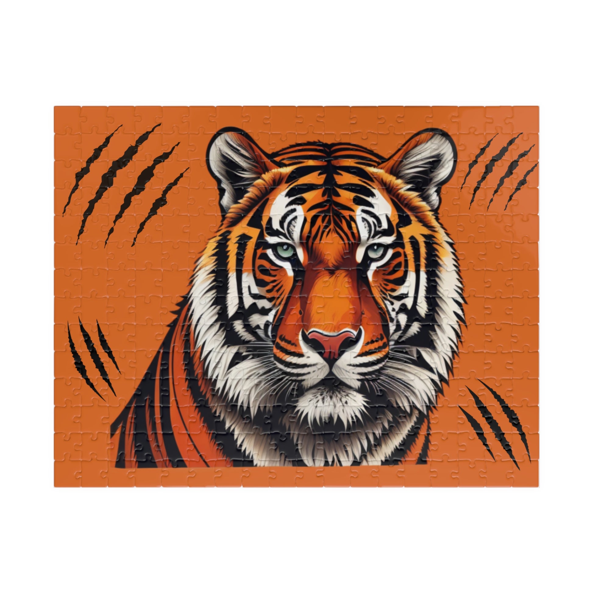Powerful tiger standing tall in a dynamic pose, captured on a jigsaw puzzle representing bold inner strength