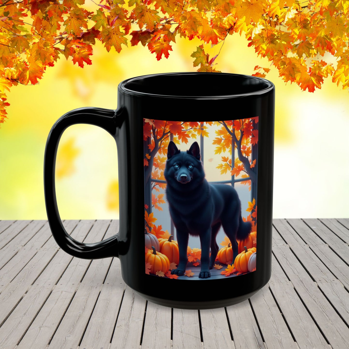 Black Siberian Husky (Blue Eyes) fall mug, custom coffee cup for Husky owners and pet parents