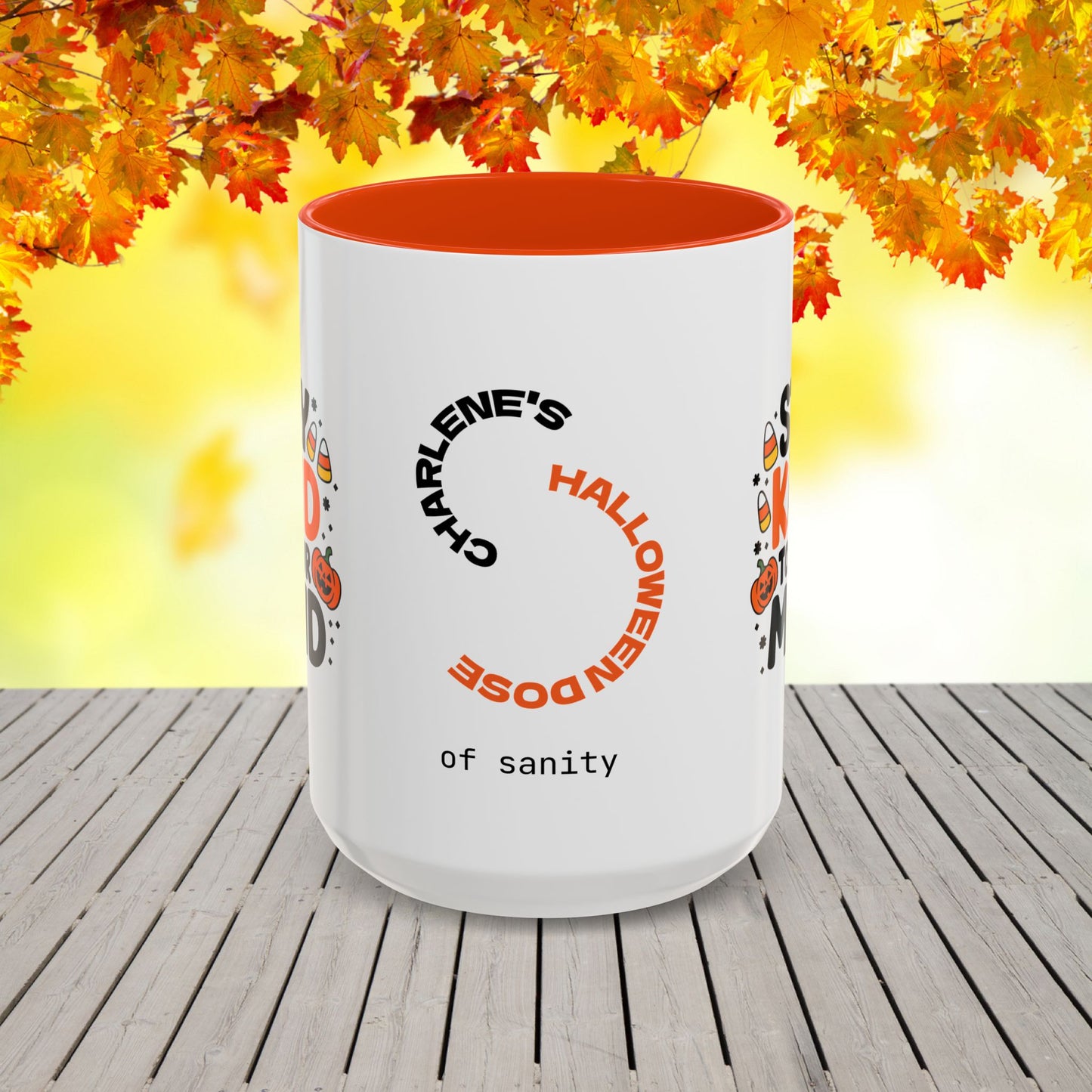 Custom Halloween mug with “Stay Kind to Your Mind” quote, personalized mental wellness gift for everyday encouragement.
