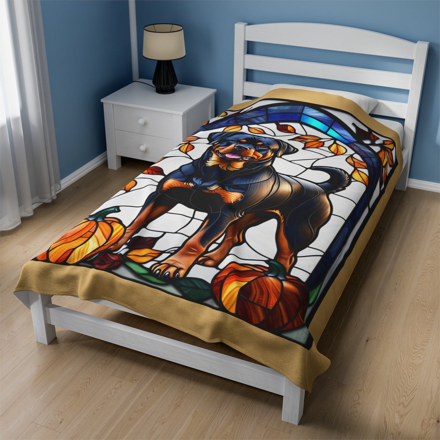 Rottweiler stained glass plush blanket in velveteen fabric, perfect cozy gift for Rottie owners