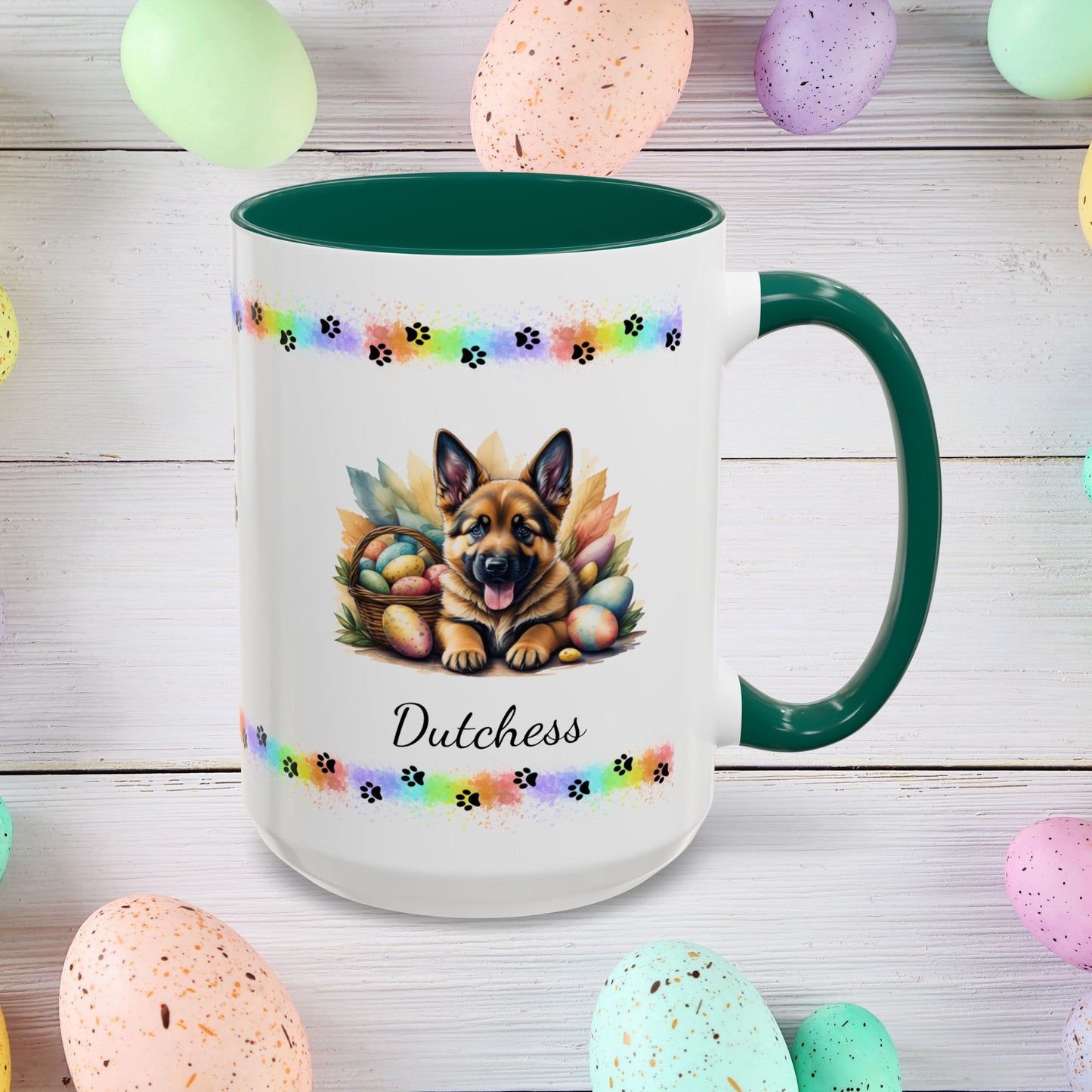 German Shepherd (Saddle): Personalized Easter Puppy Coffee Mug - Adorable Dog Design, Mental Health Gift, 11oz & 15oz, 12 Color Choices, Easter Gifts & Décor