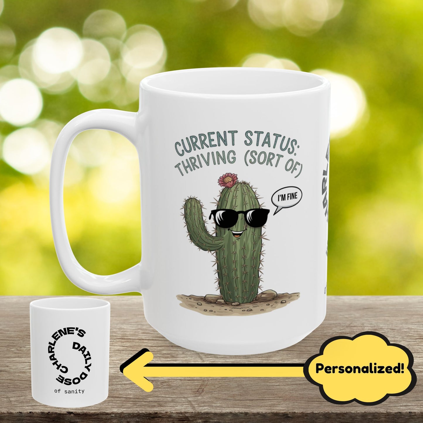 "Current Status: Thriving (Sort Of)" funny mental health mug, personalized for anxiety relief and self-care affirmations.
