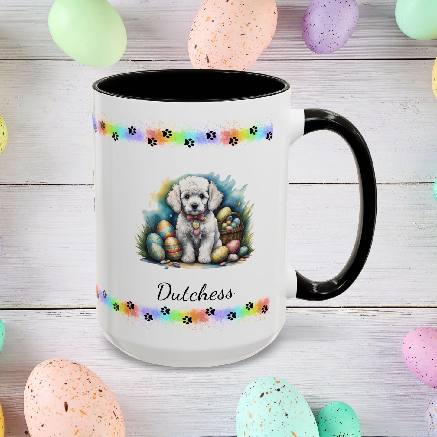 White Poodle Easter puppy coffee mug with custom dog design, perfect Easter gift for pet owners and mental wellness support.