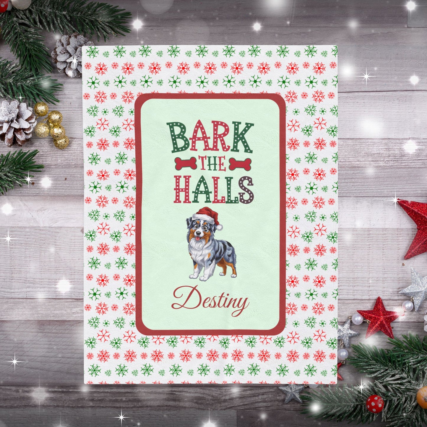 Australian Shepherd (Blue Merle) Personalized Velveteen Plush Blanket - "Bark The Halls" | Cozy Holiday Gift for Dog Lovers