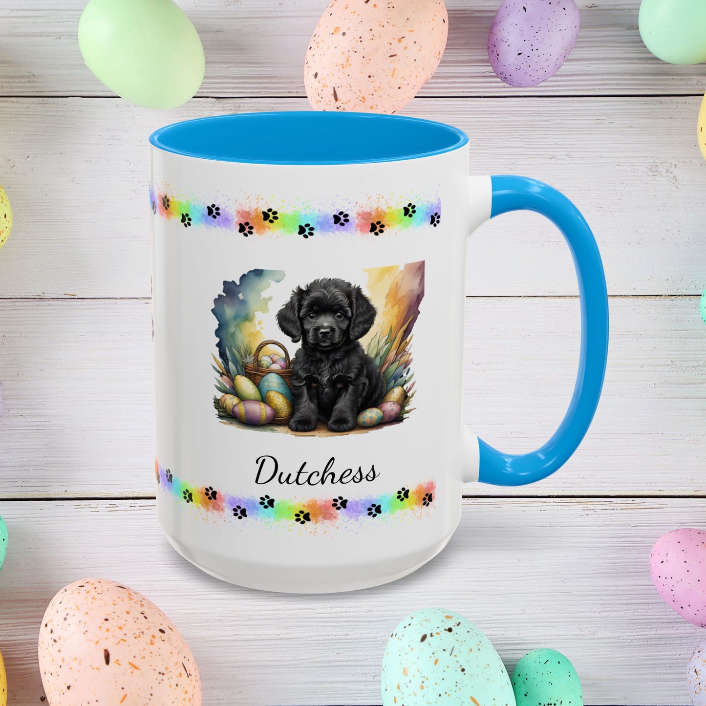 Adorable black Poodle Easter puppy coffee mug personalized dog gift, perfect for mental health awareness and spring joy.