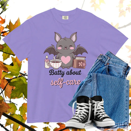 Batty About Self-Care Comfort Colors Heavyweight Halloween T-shirt