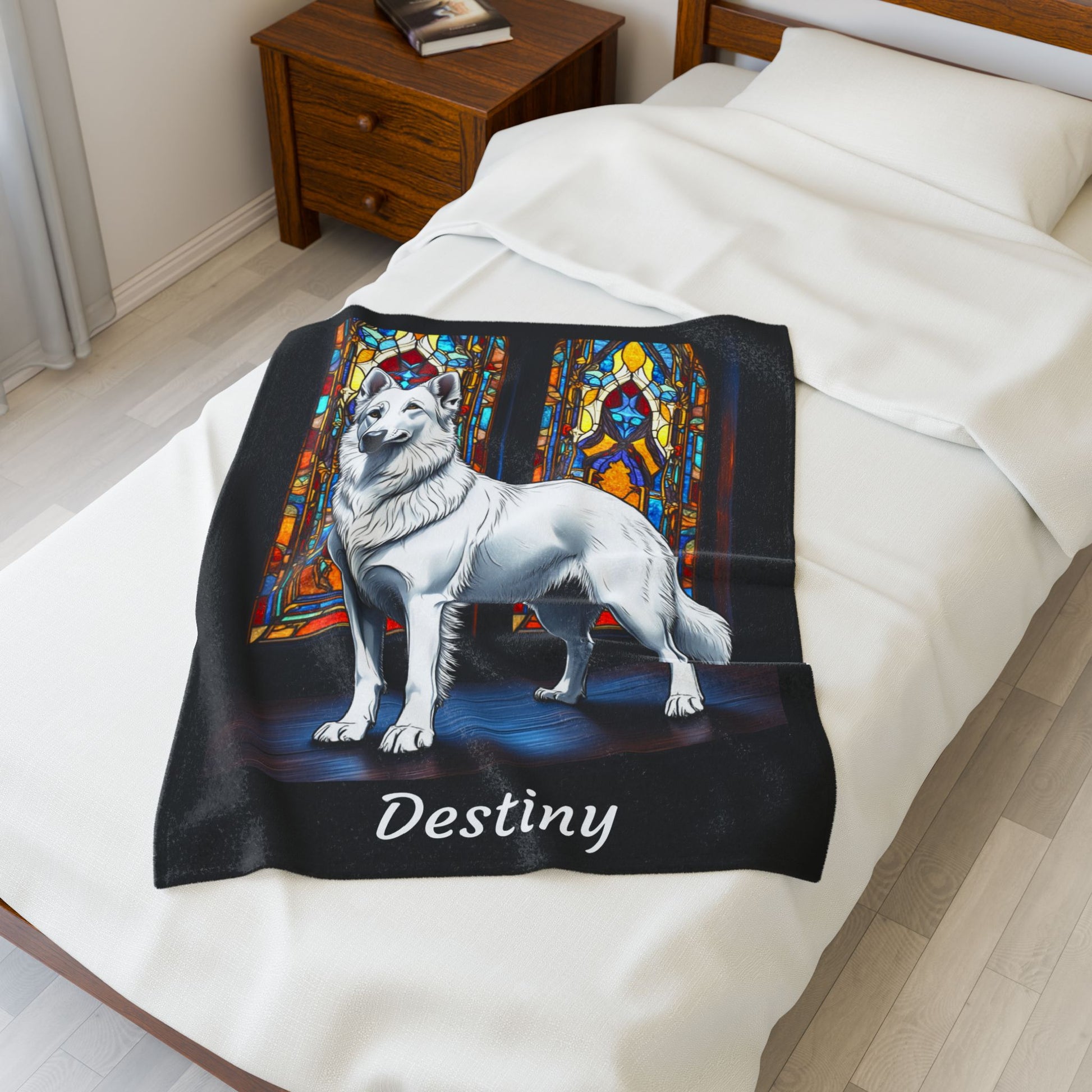 German Shepherd White Coat Velveteen Blanket, Stained Glass Dog Art Throw, Personalized Gift