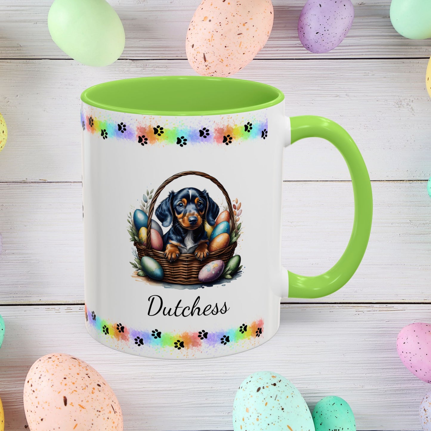 Dachshund personalized Easter puppy mug, cute dog coffee cup gift for mental health awareness and dog lovers