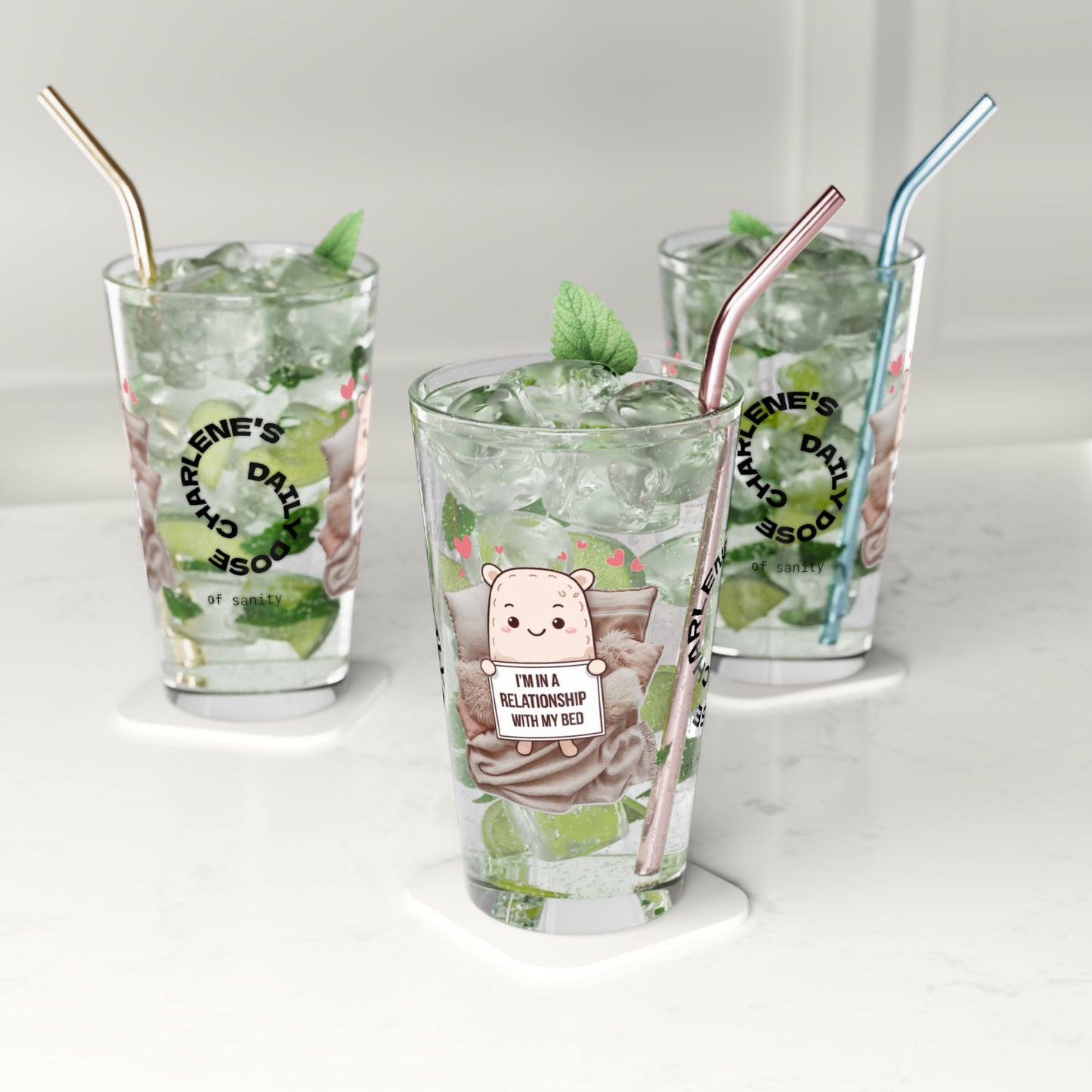 "I’m In A Relationship With My Bed" personalized funny pint glass for cozy moments and relaxation.