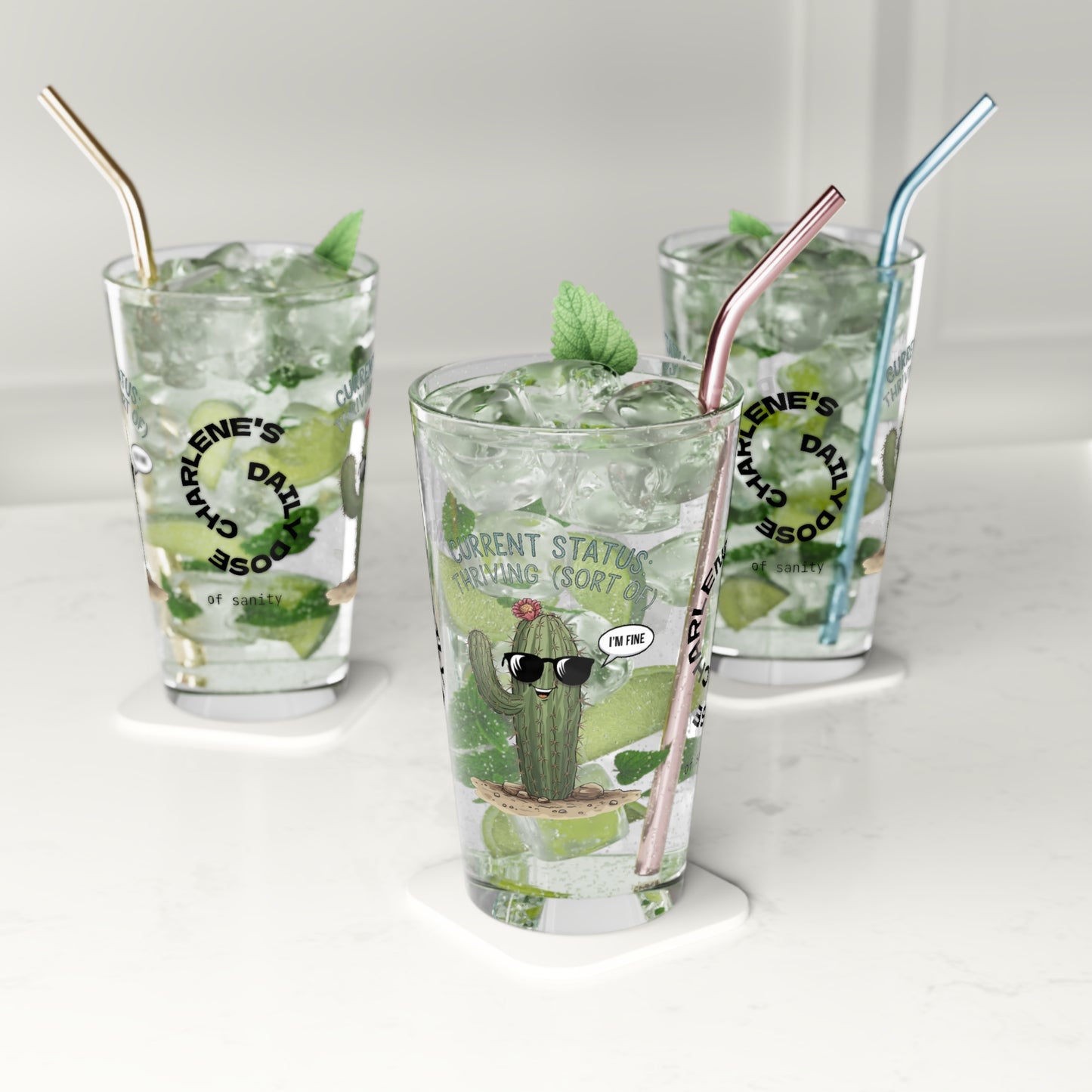 "Current Status: Thriving (Sort Of)" personalized funny pint glass with attitude and daily humor.