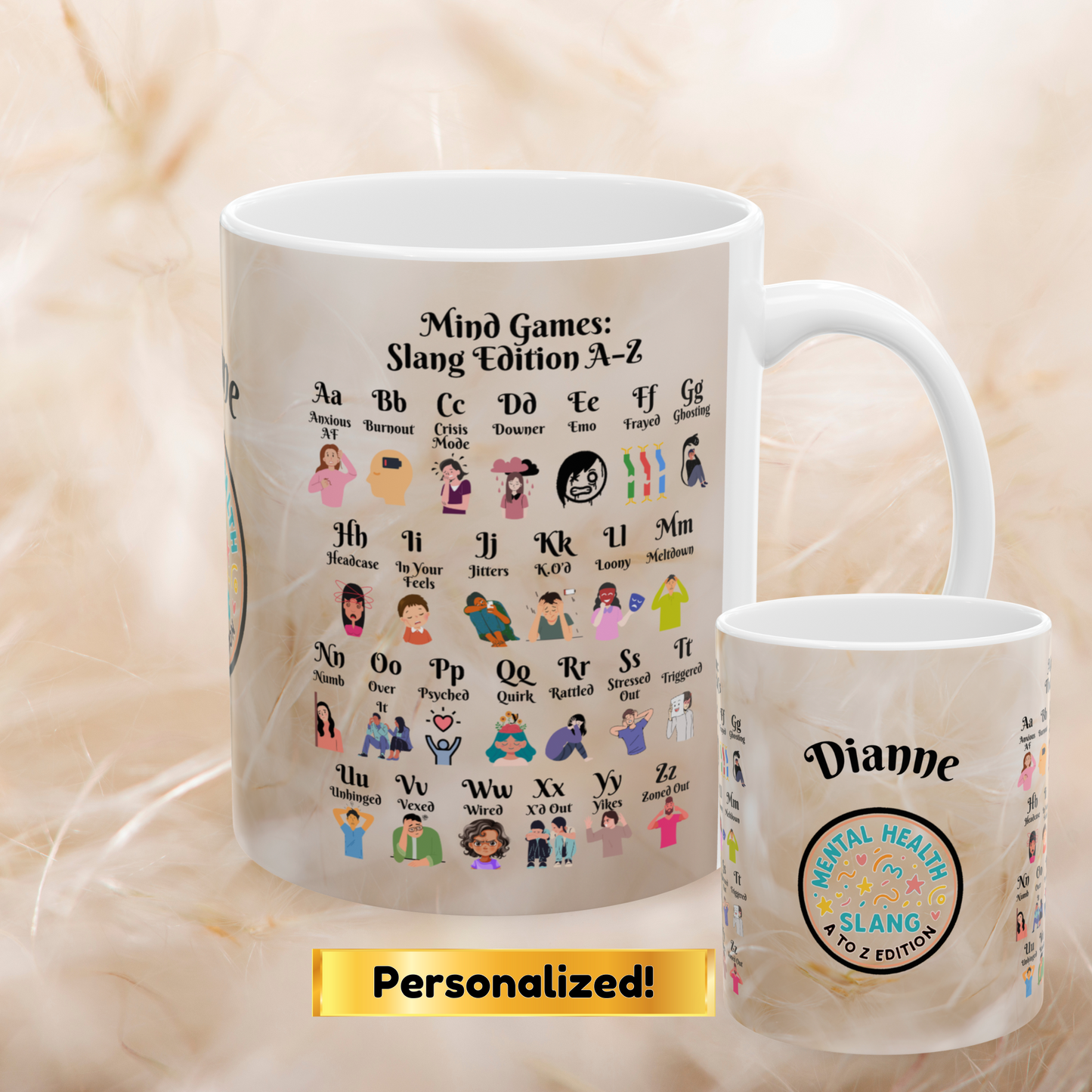 Mind Games Mug with fun, bold A-Z mental health slang for therapy encouragement, personalized for daily self-care.