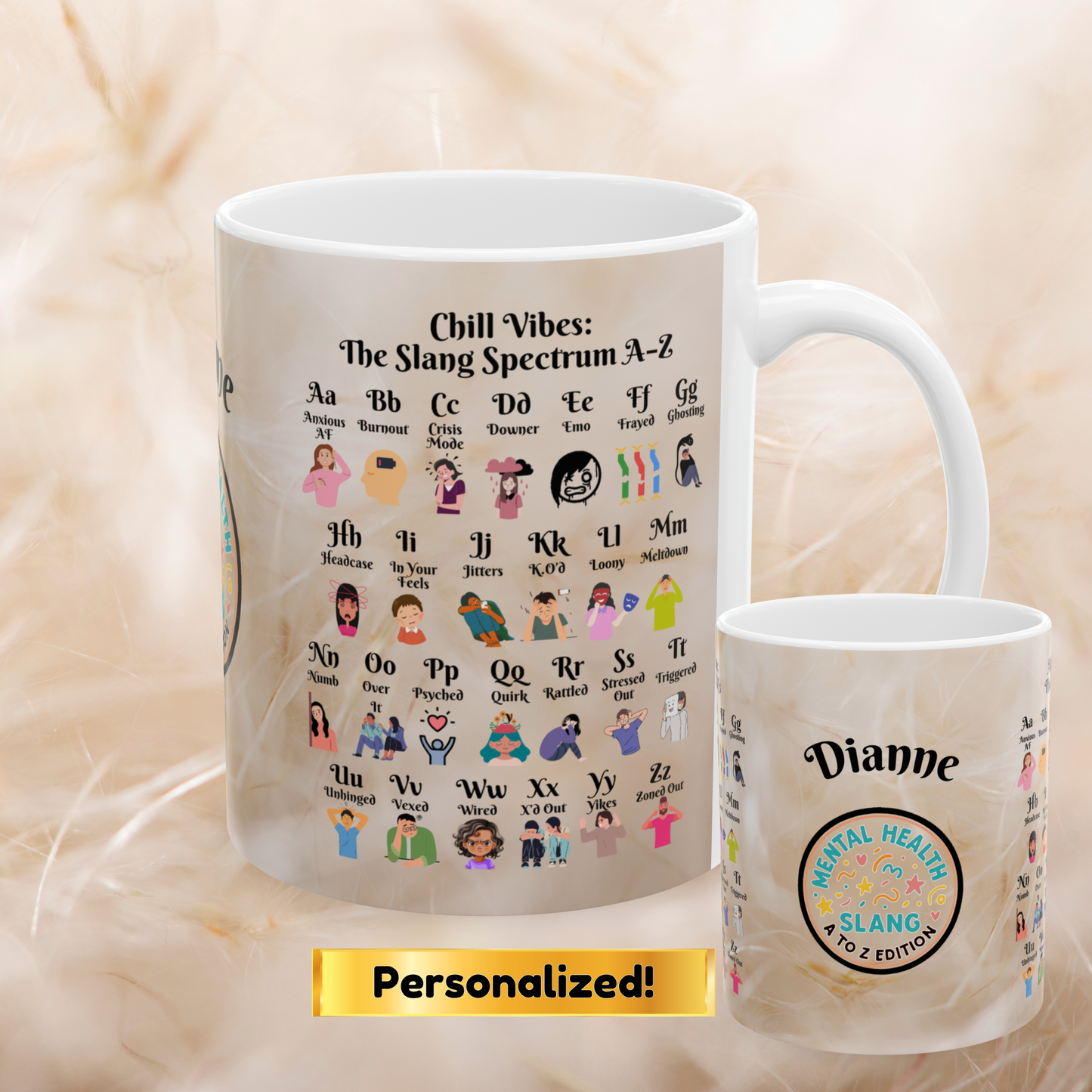 Custom Chill Vibes Mug with a vibrant A-Z spectrum of mental health slang for therapy support and mindful daily rituals.