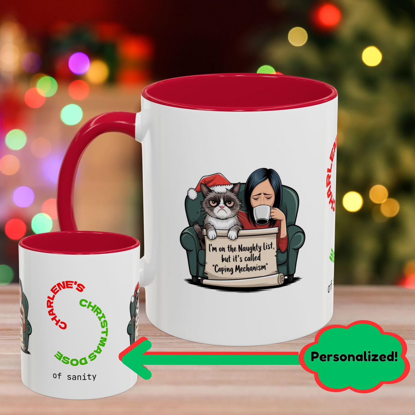 I'm On The Naughty List, But It's Called 'Coping Mechanism' - Christmas Mug with Female and Cat Design and Accent Color