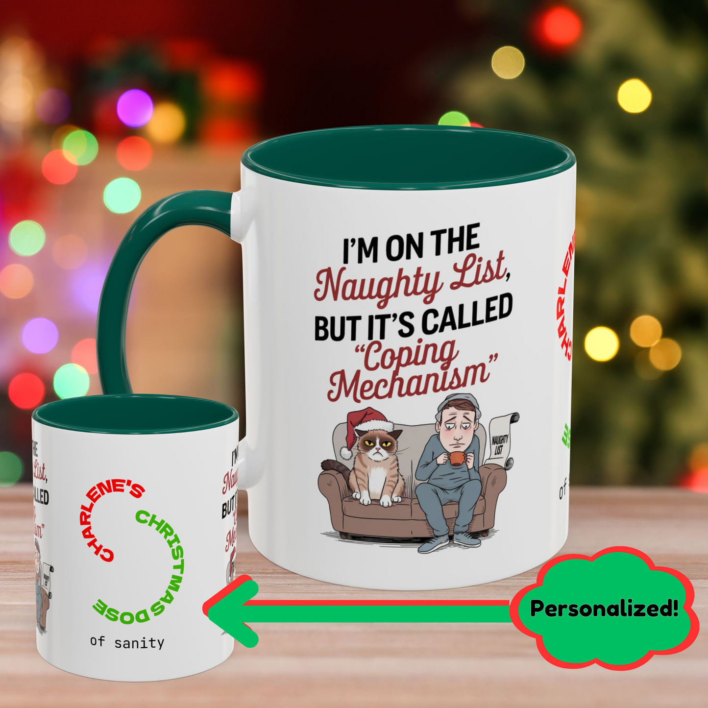 I'm On The Naughty List, But It's Called 'Coping Mechanism' - Christmas Mug with Male and Cat Design and Accent Color