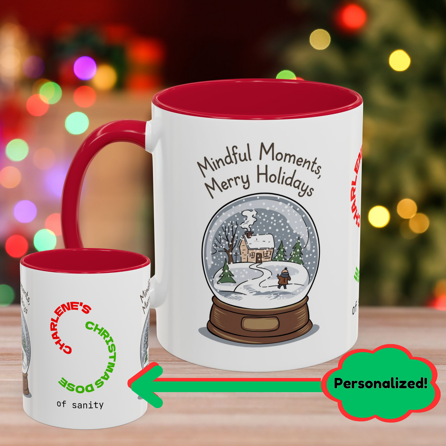 Mindful Moments Merry Holidays Mug - Personalized Self-Care Mug, Christmas Mental Health Gift with Accent Color