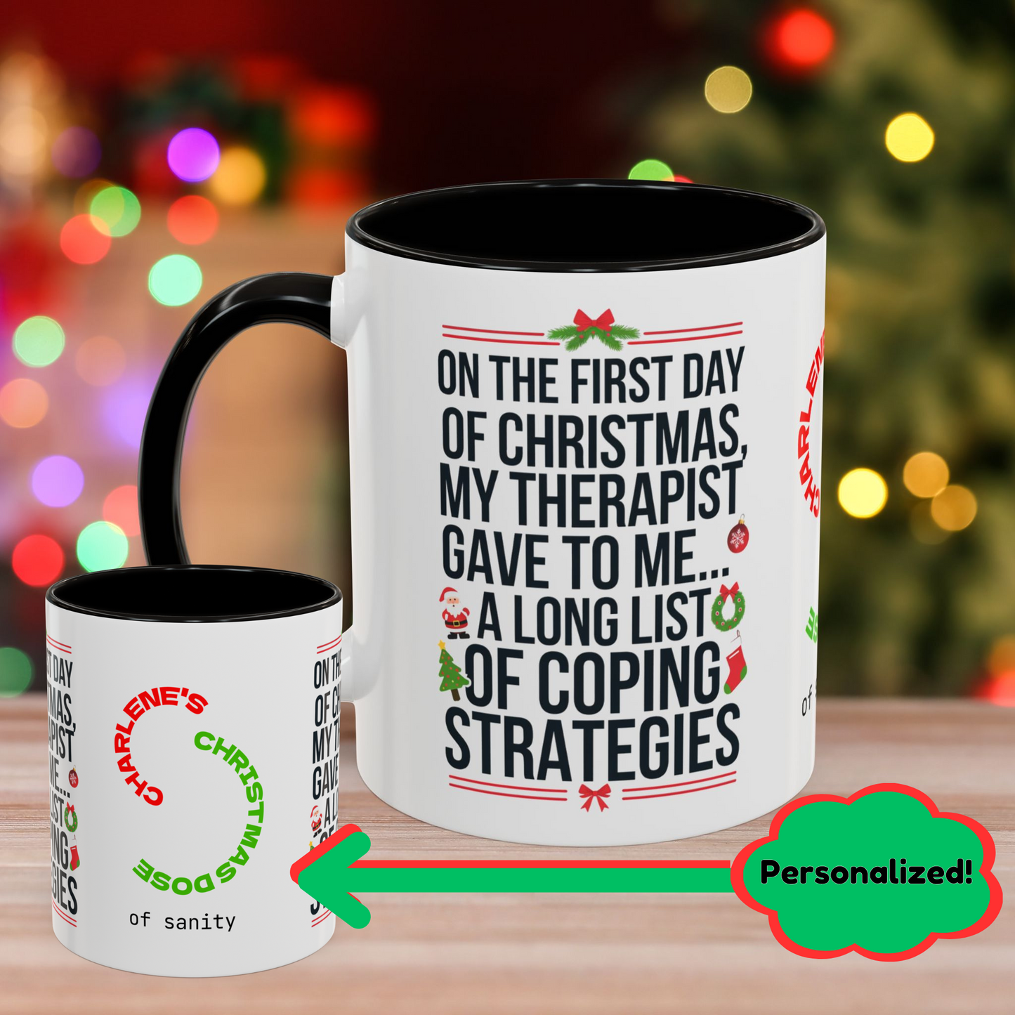On The First Day Of Christmas, My Therapist Gave To Me... – Christmas Mug with Humorous Design and Accent Color