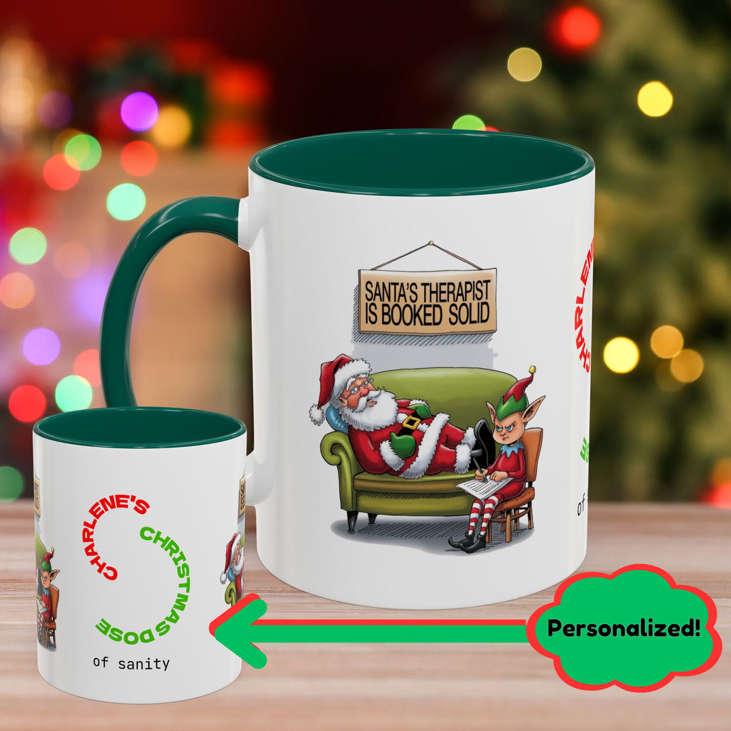 Santa's Therapist Is Booked Solid – Christmas Mug with Humorous Design and Accent Color