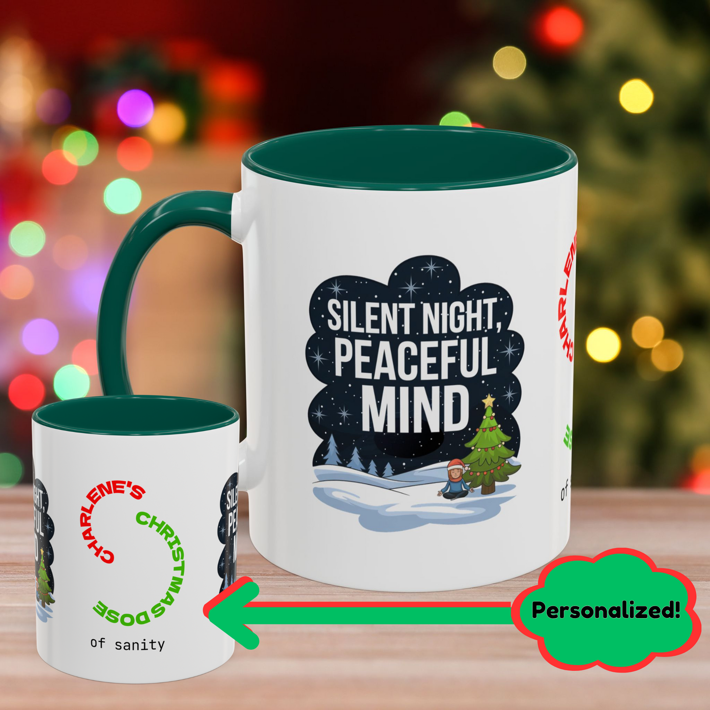 Silent Night Peaceful Mind Mug - Holiday Self-Care Coffee Cup, Thoughtful Mental Health Gift with Red Green or Black Accent