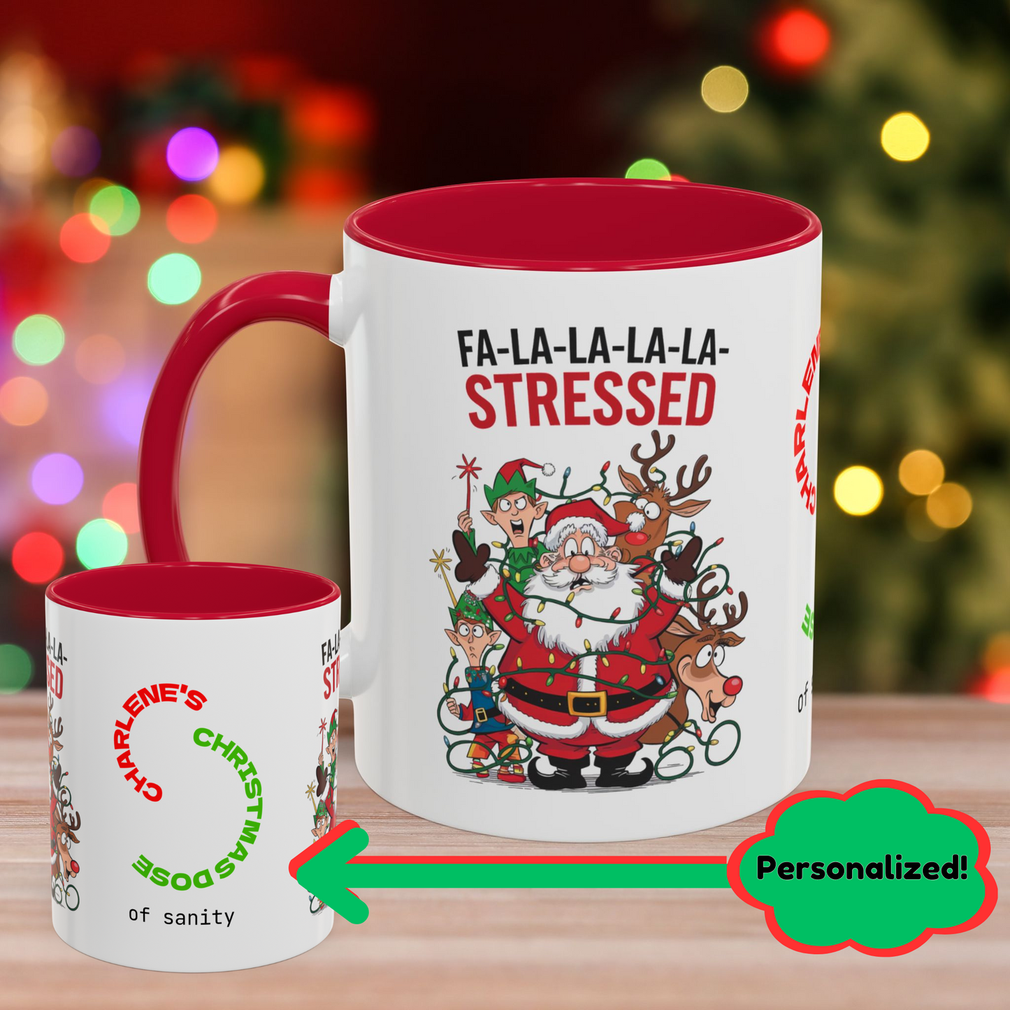 Fa-la-la-la-la Stressed – Humorous Christmas Mug with Colorful Design and Accent Color