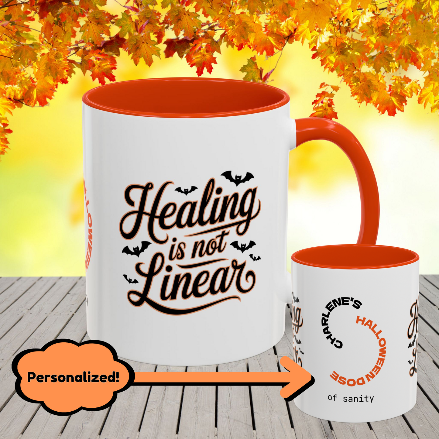 Personalized Halloween self-care mug with “Healing Is Not Linear” quote, mental health awareness gift with custom name.
