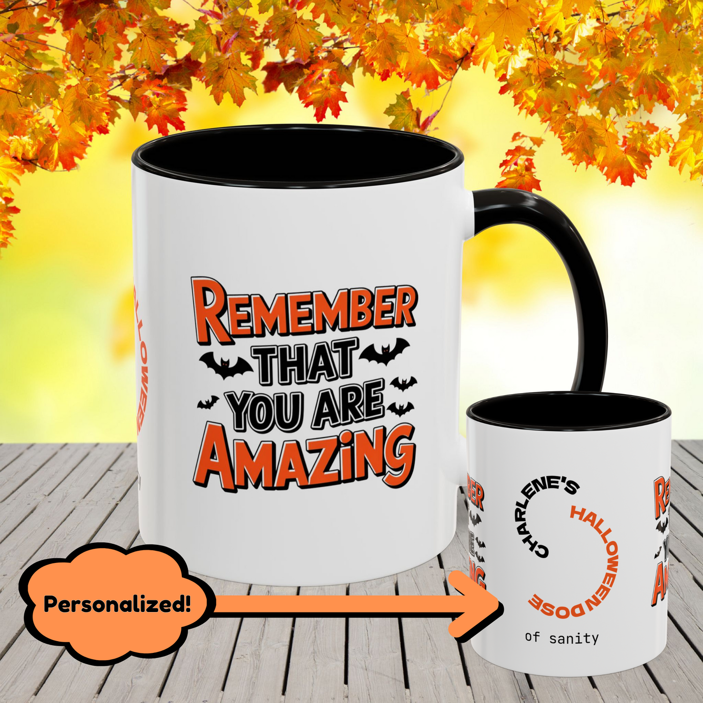Halloween mental health mug with “You Are Amazing” quote, personalized with name, inspiring self-esteem gift.