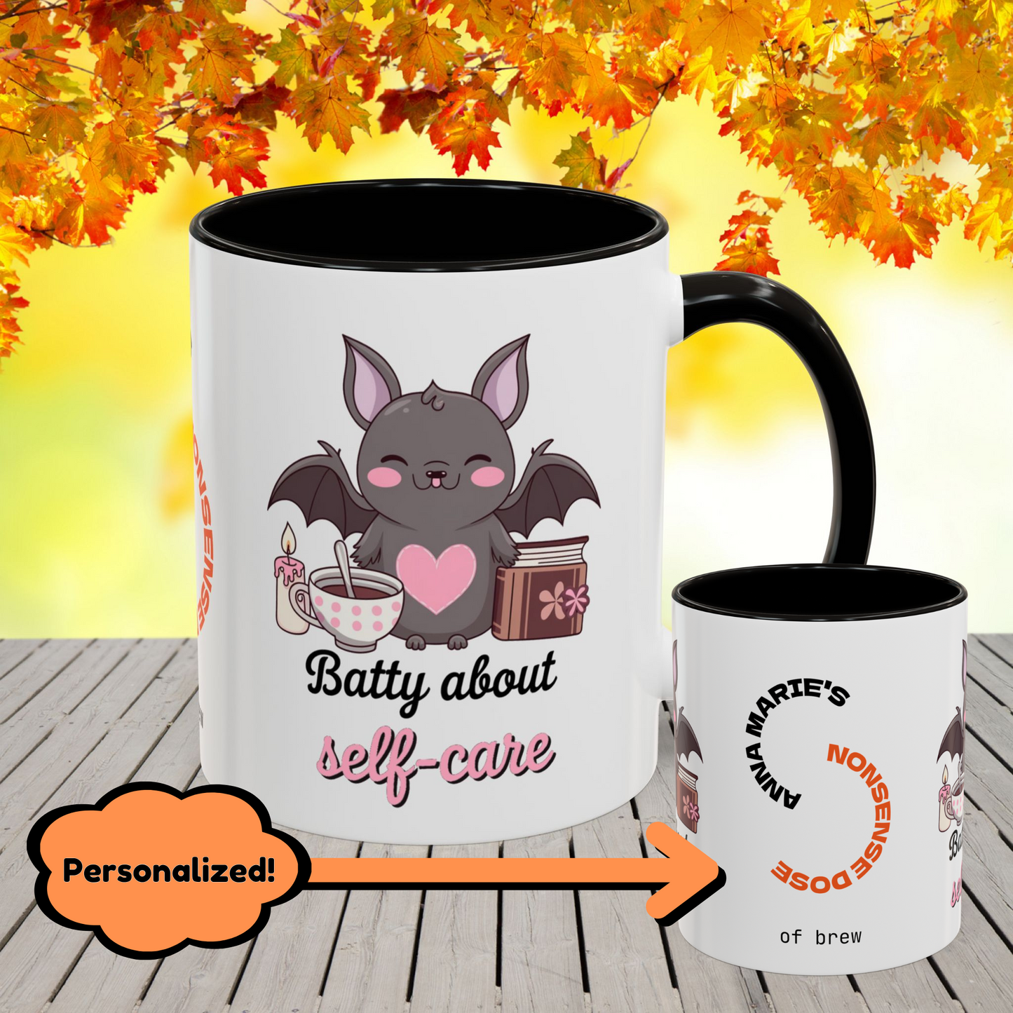 Halloween mug with bat-themed design and self-care message, promoting anxiety relief and mental health awareness