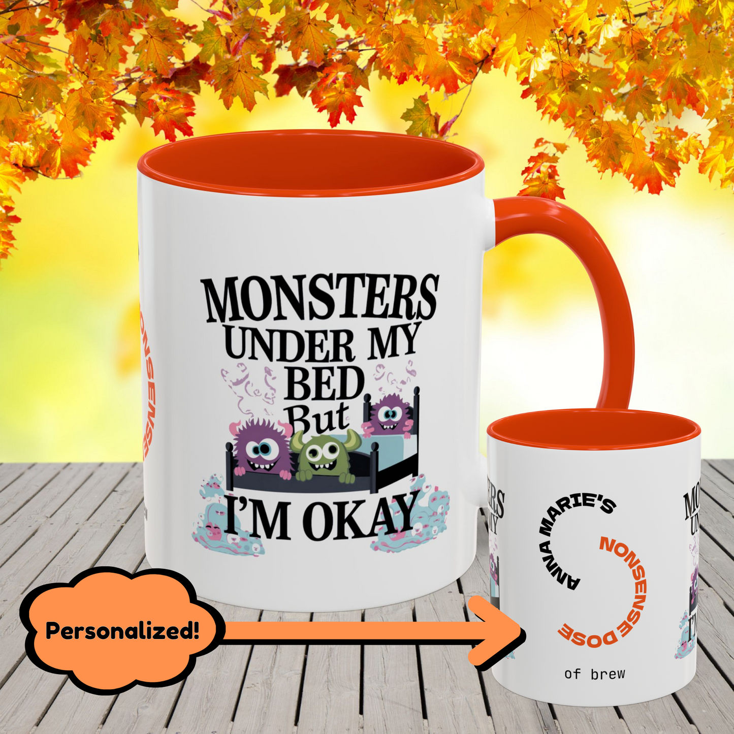Empowering Halloween mug with monsters-under-the-bed theme, designed for anxiety support and mental health warriors