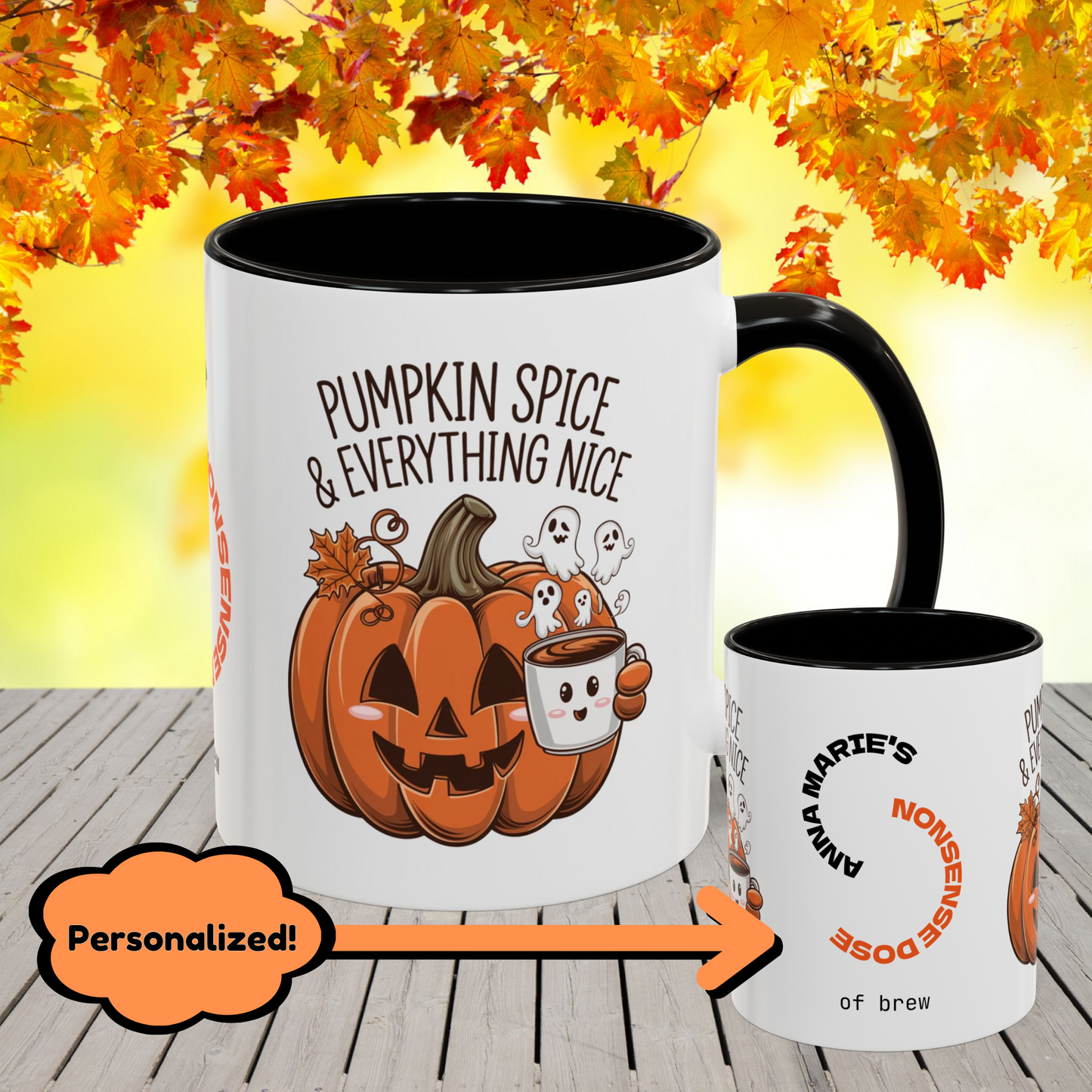 Festive Halloween coffee mug with “Pumpkin Spice & Everything Nice” phrase, promoting positivity and emotional wellness