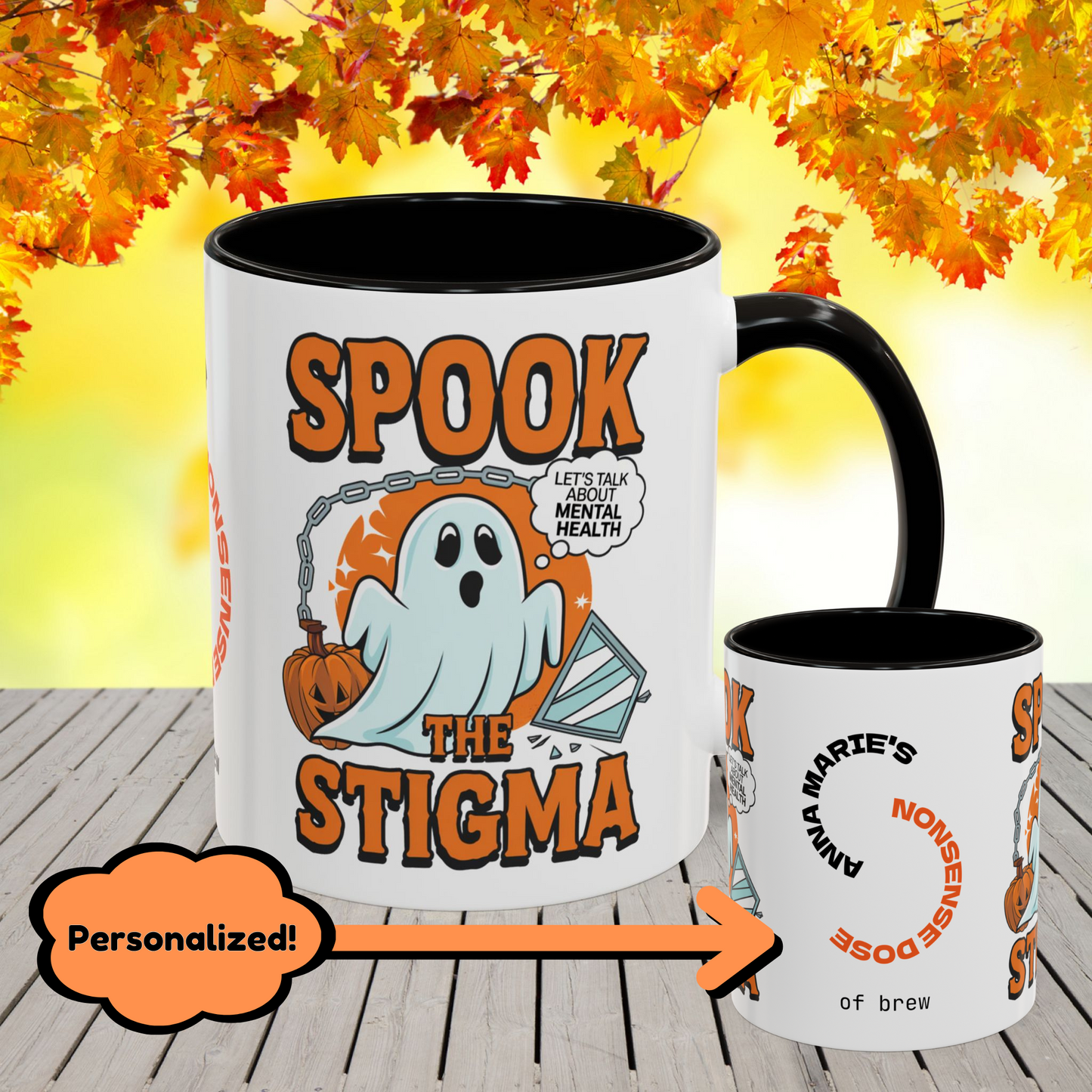 Bold Halloween mug with “Spook the Stigma” message, great for mental health awareness and fighting stigma